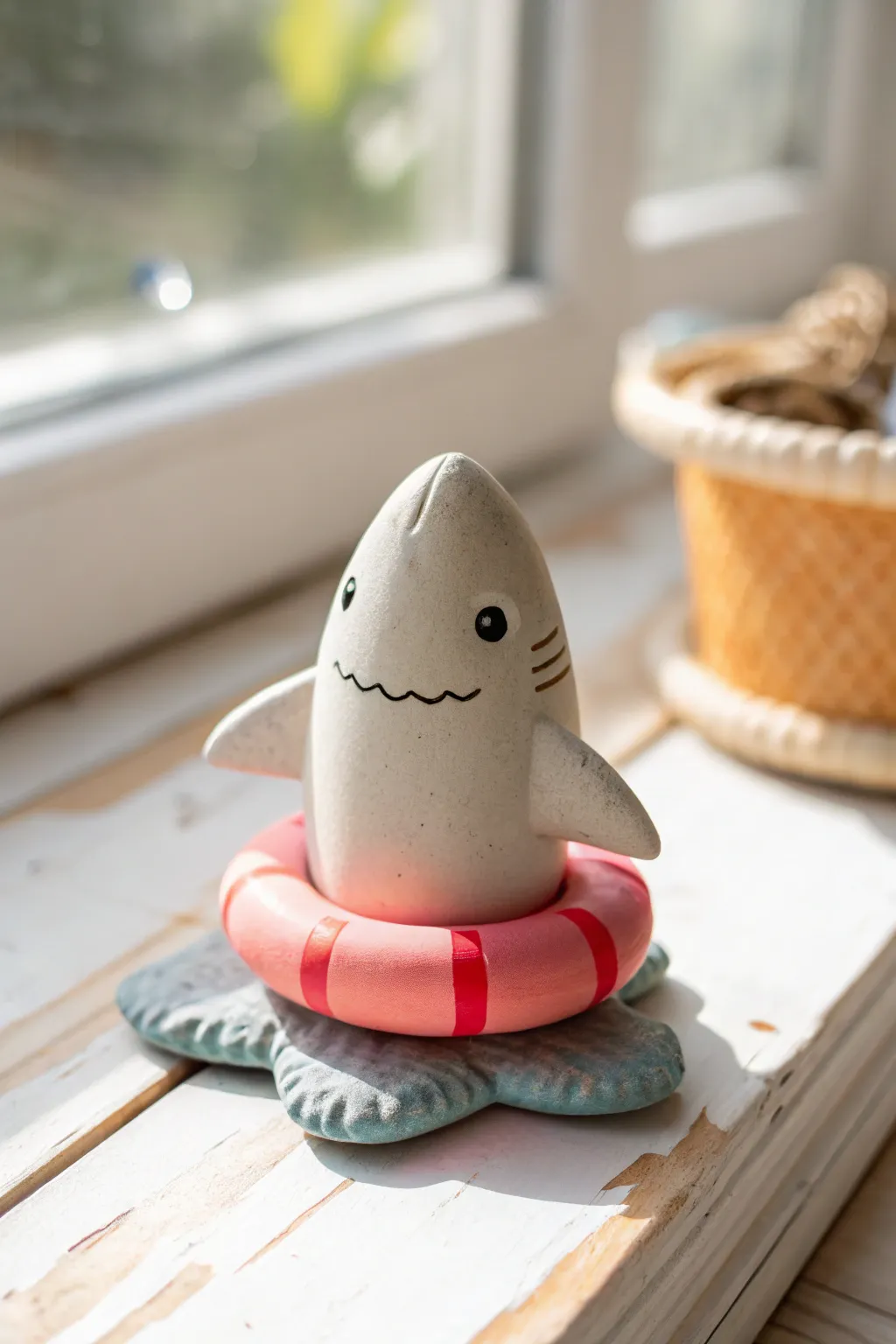 Sweet clay shark wearing a coral float ring, minimal and airy styling with handmade charm