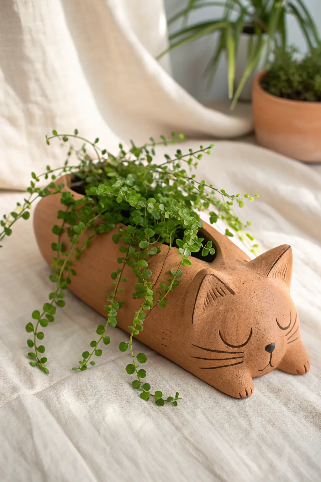 Sleepy clay critter planter on its side, softly spilling trailing greenery in calm neutral tones.