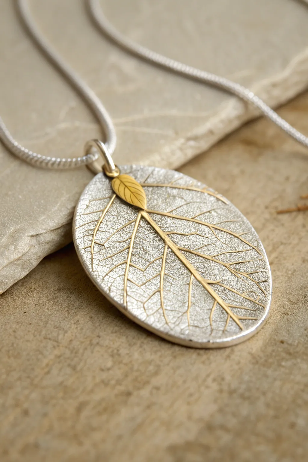 Leaf-imprint silver clay pendant with a tiny gold-foil highlight for an elegant botanical glow.