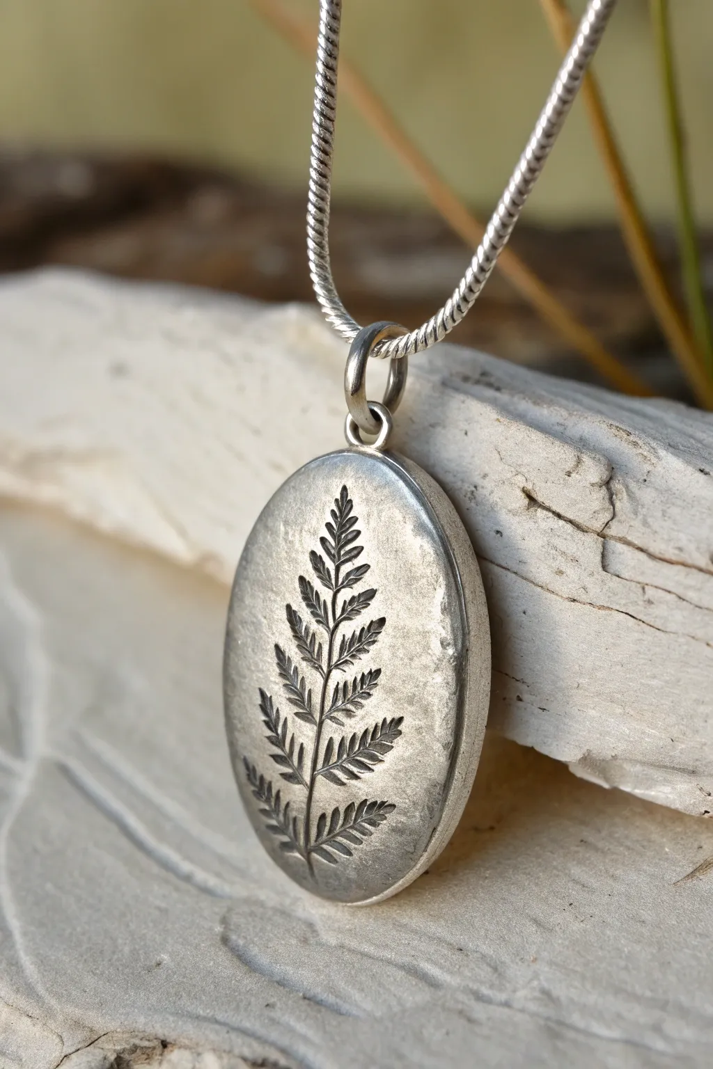Botanical silver clay pendant with a hidden bail for a clean, floating look on the chain