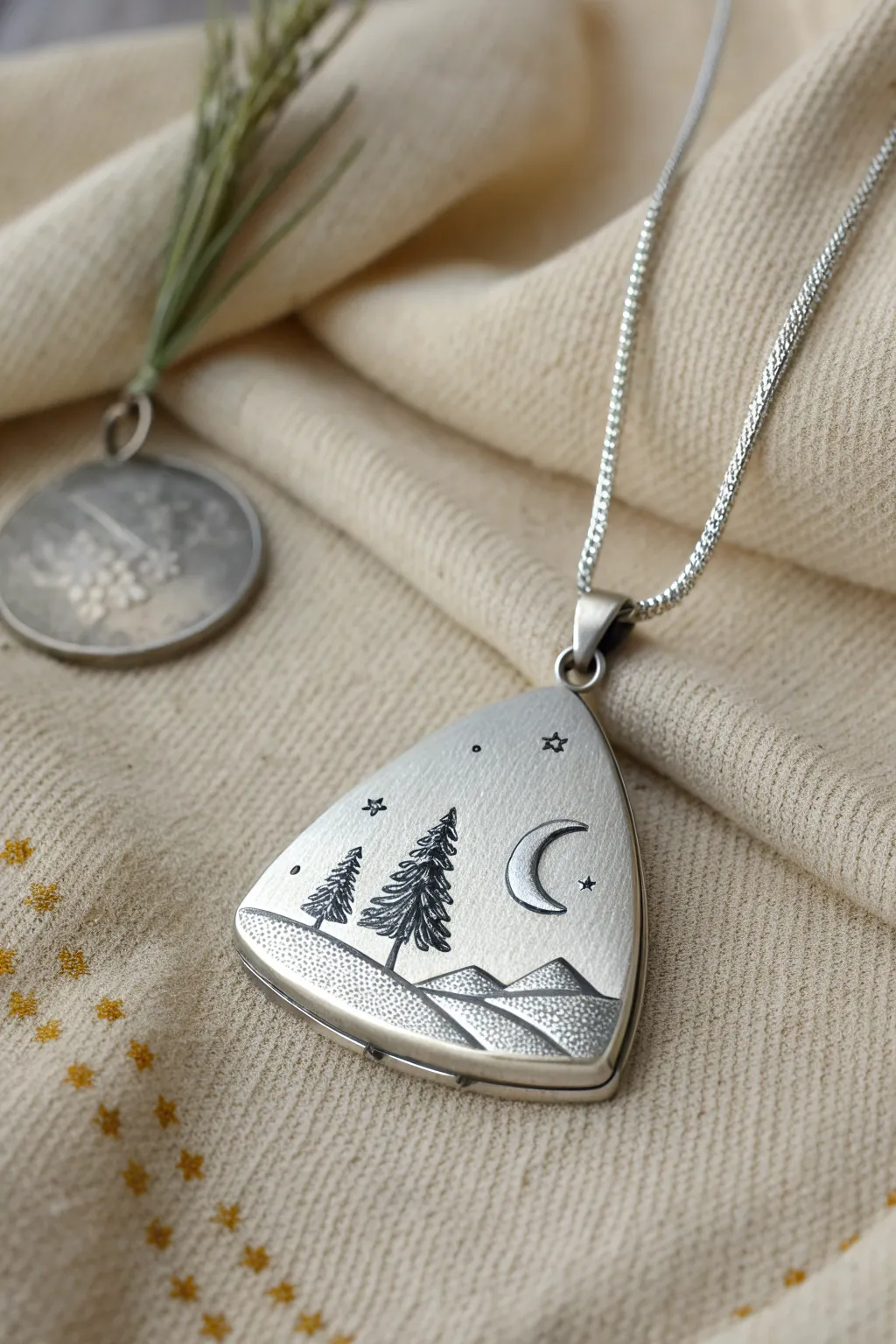 Mini story scene locket pendant in silver clay, subtle seam, Scandinavian minimal with boho warmth.