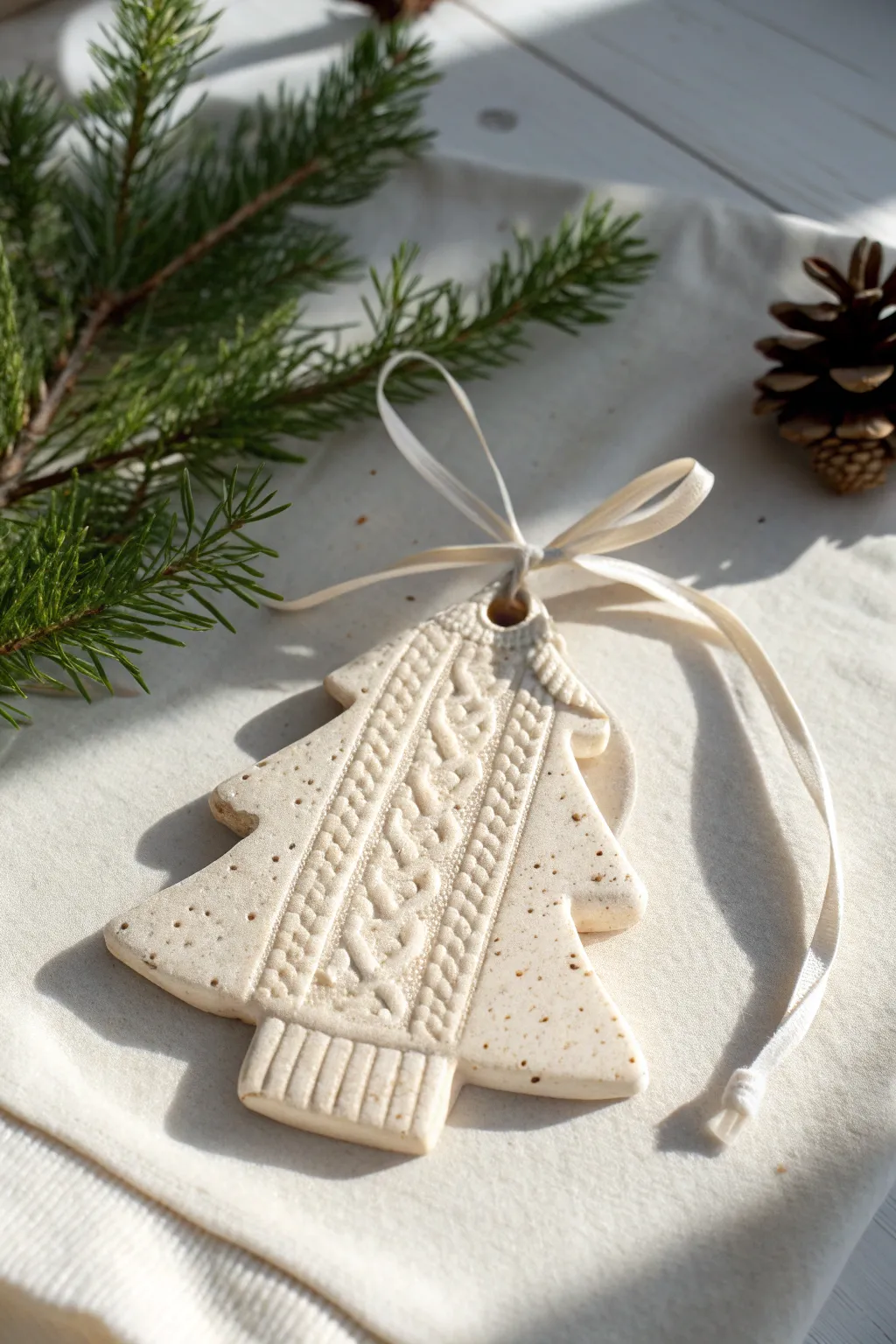 Simple sweater texture clay tree ornament with linen ribbon and evergreen, calm Nordic holiday style