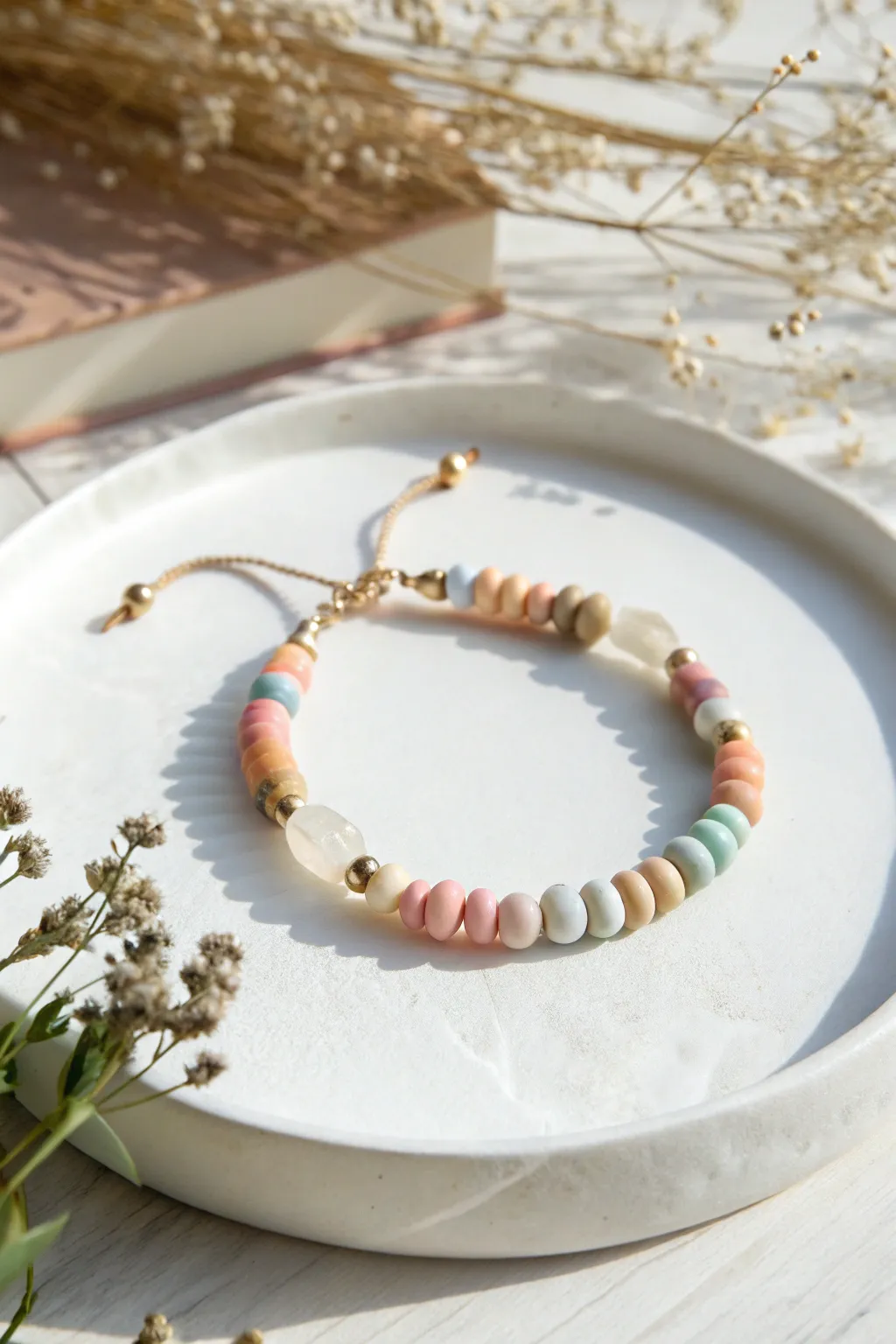 Floating heishi clay beads on clear cord for an airy, minimalist bracelet with a soft boho vibe.