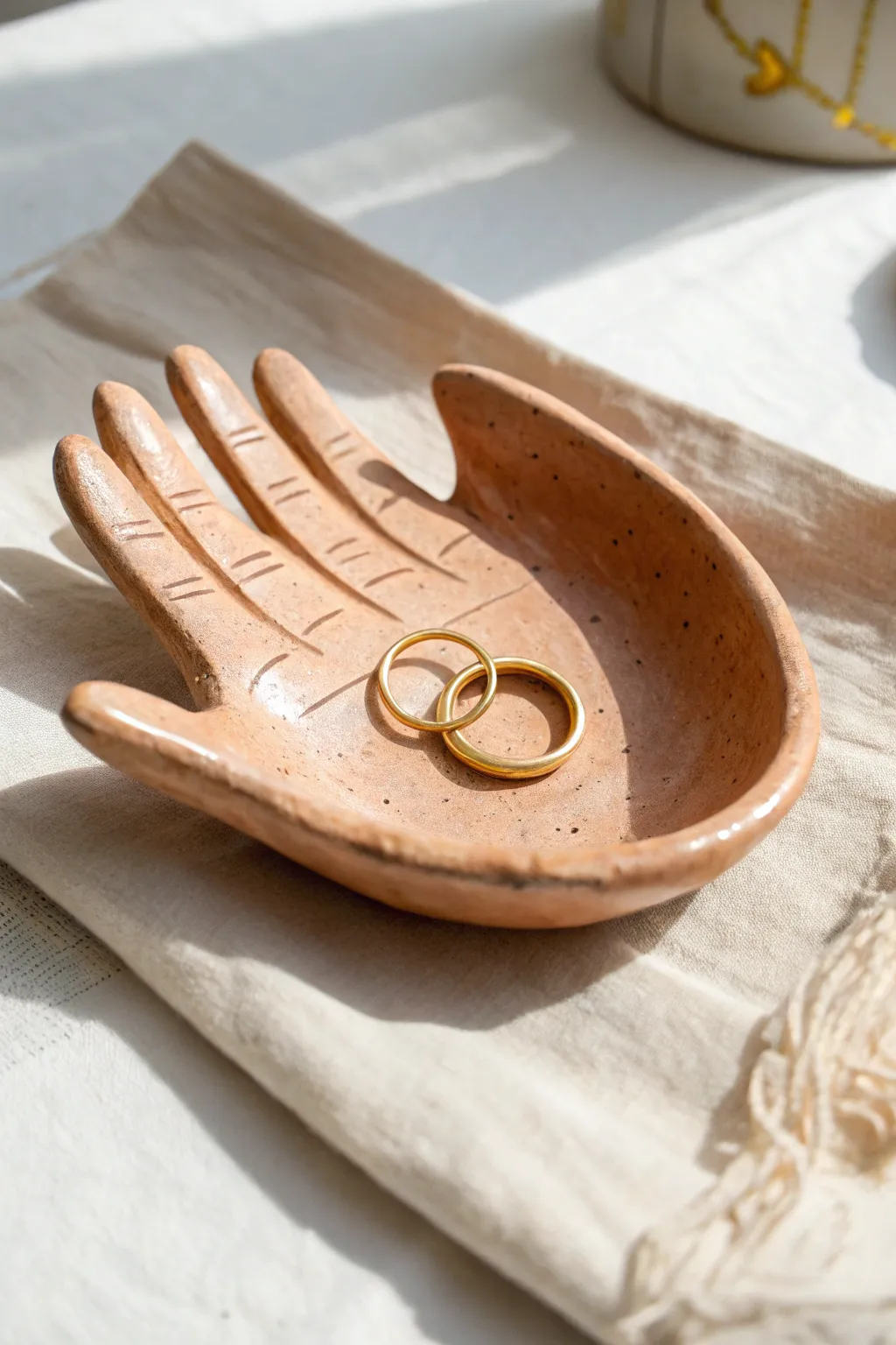 Minimal palm trinket bowl in natural clay, a sweet spot to rest your favorite ring.