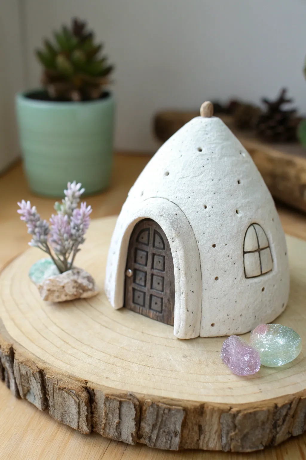 Minimal crystal cave fairy house in clay with pastel crystals and a shadowy doorway.