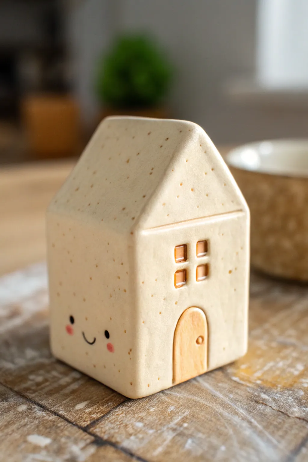 A tiny clay house with a sweet face, minimalist and cozy with a handmade Scandinavian feel