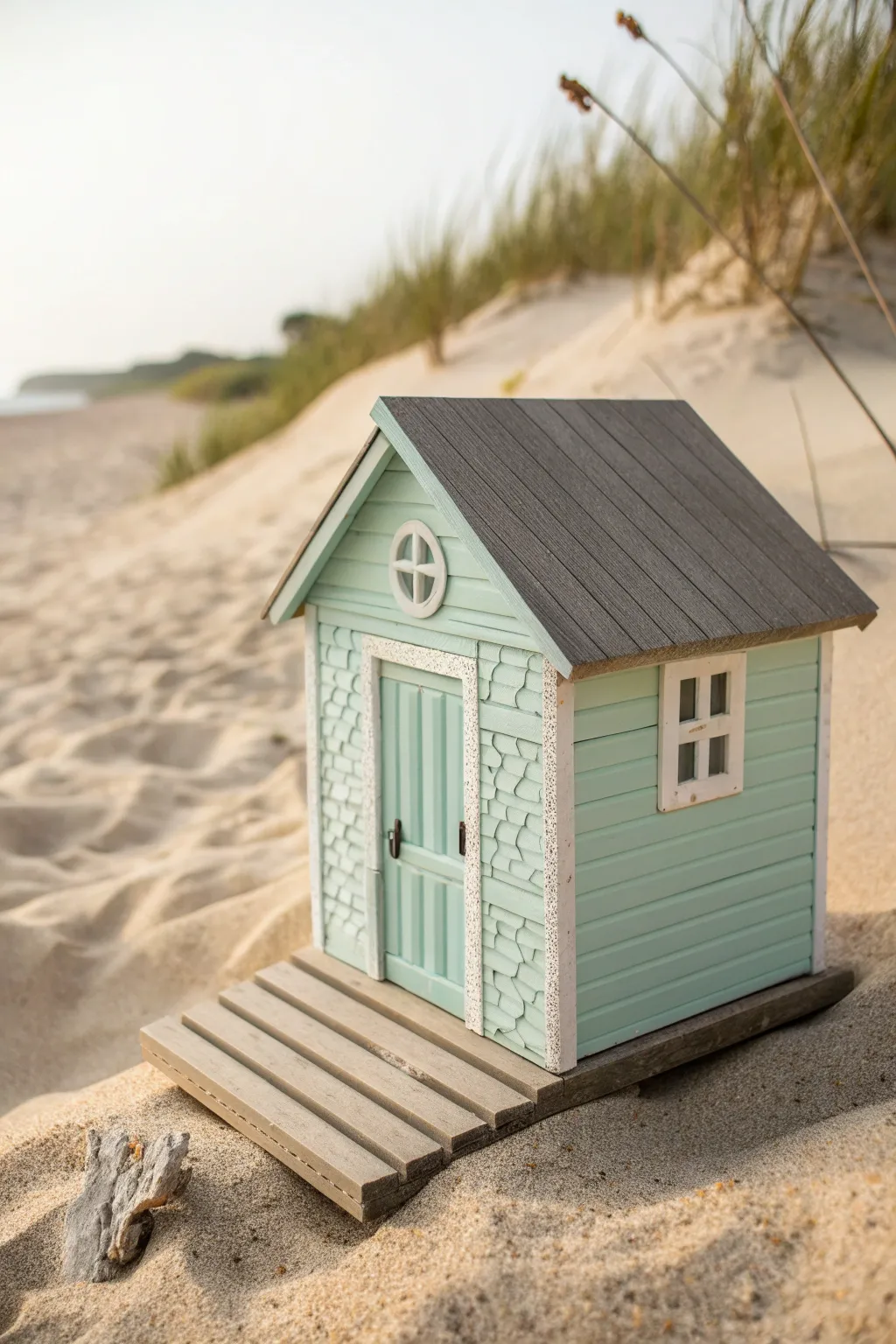 Pastel clay beach hut with simple texture lines and a tiny porch for cozy coastal decor.