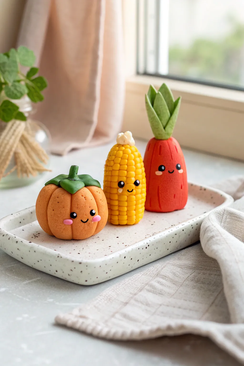 Mini clay corn, carrot, and pepper characters with kawaii faces in a soft minimalist lineup.