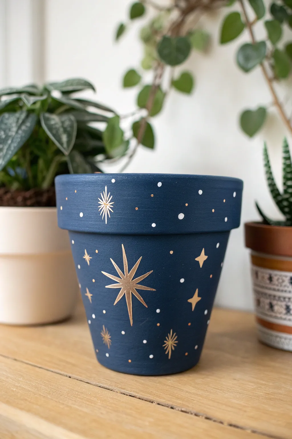 Midnight blue clay pot with easy white and gold dot stars for a calm, cozy starry-night look.
