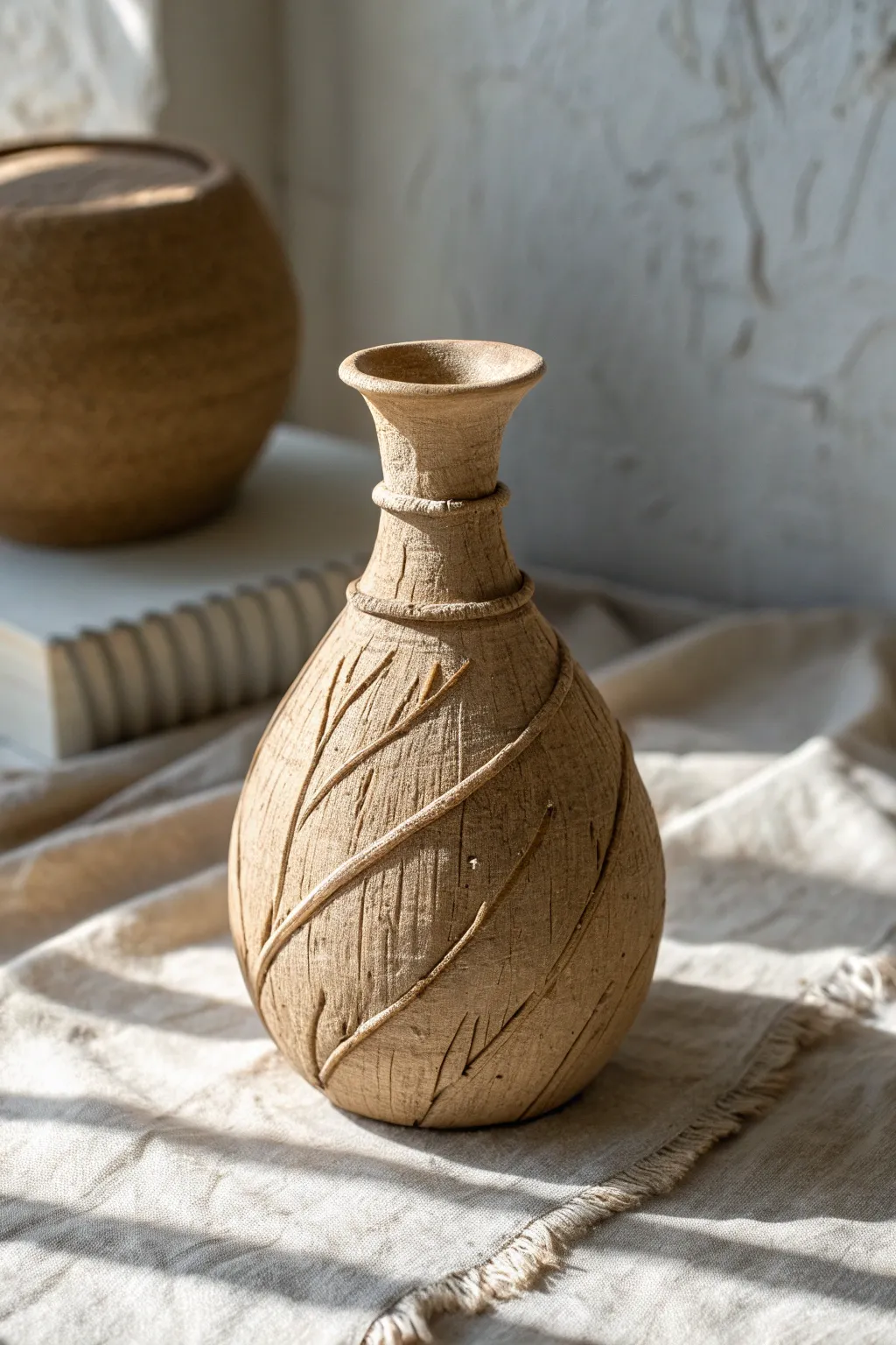 Twigs and bark imprints turn a simple clay vase into cozy, nature-inspired texture.