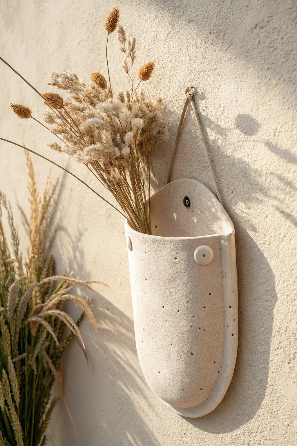 Minimal wall pocket clay vase with wispy dried stems, a simple boho-Scandi accent
