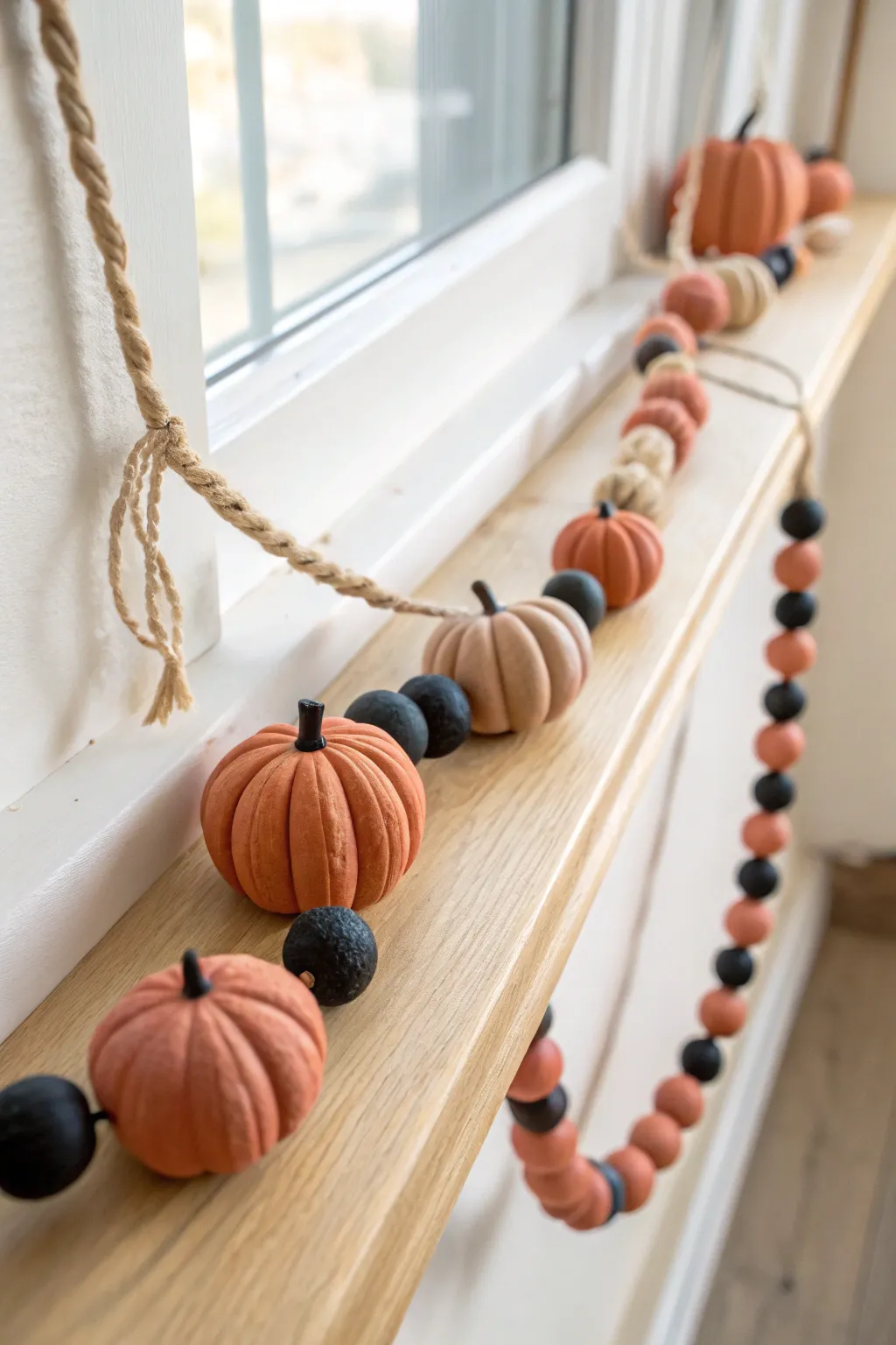 Minimal pumpkin bead garland in soft clay tones with matte black beads, perfect for subtle Halloween decor.