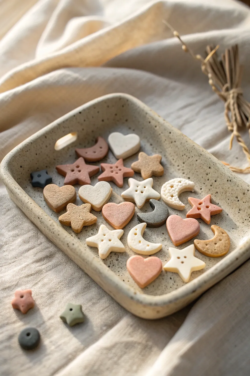 Batch-friendly tiny polymer clay lucky charms in a soft minimalist palette, neatly styled on a tray