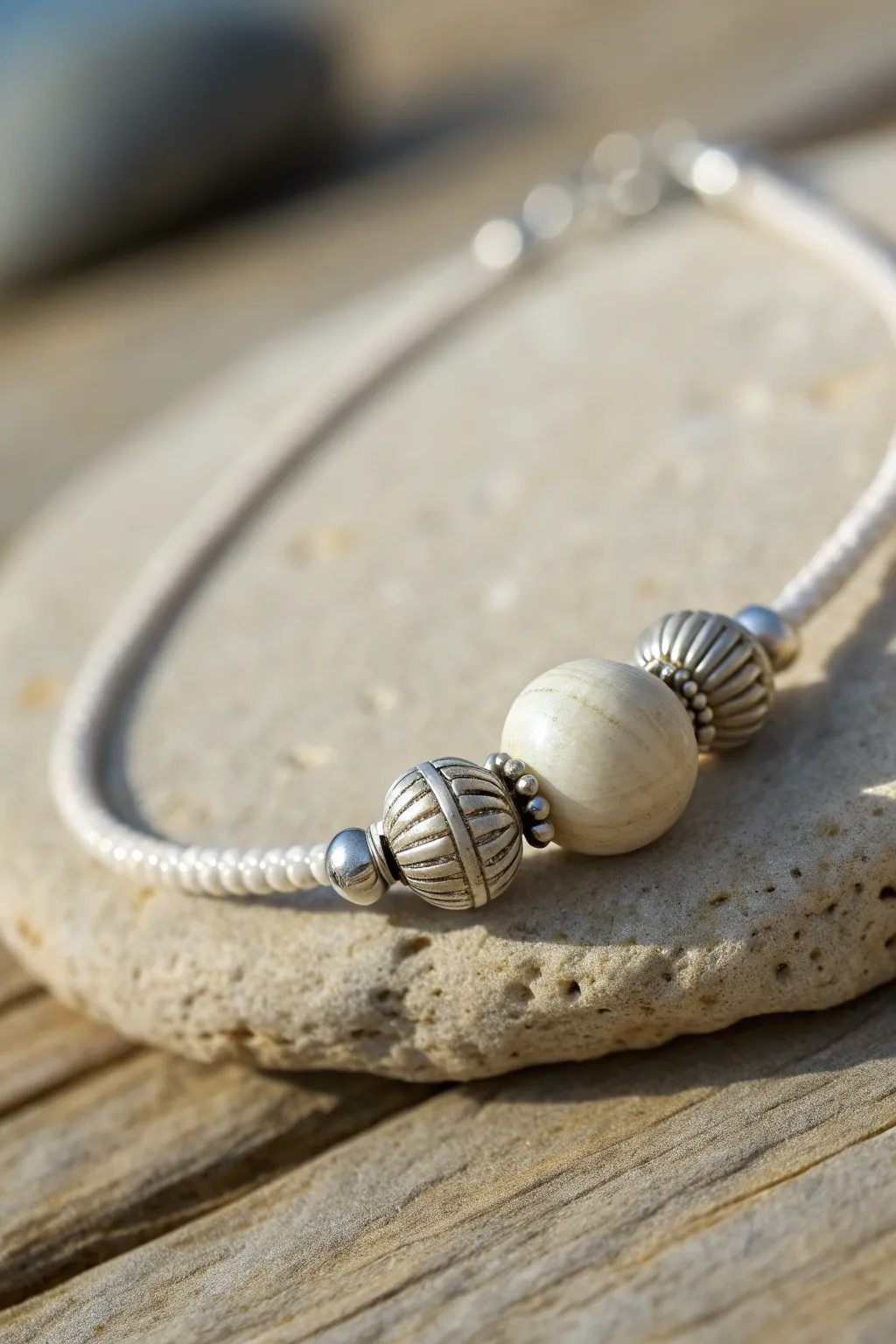 Tiny fluted silver clay bead caps add a handmade glow to a simple, minimalist necklace.