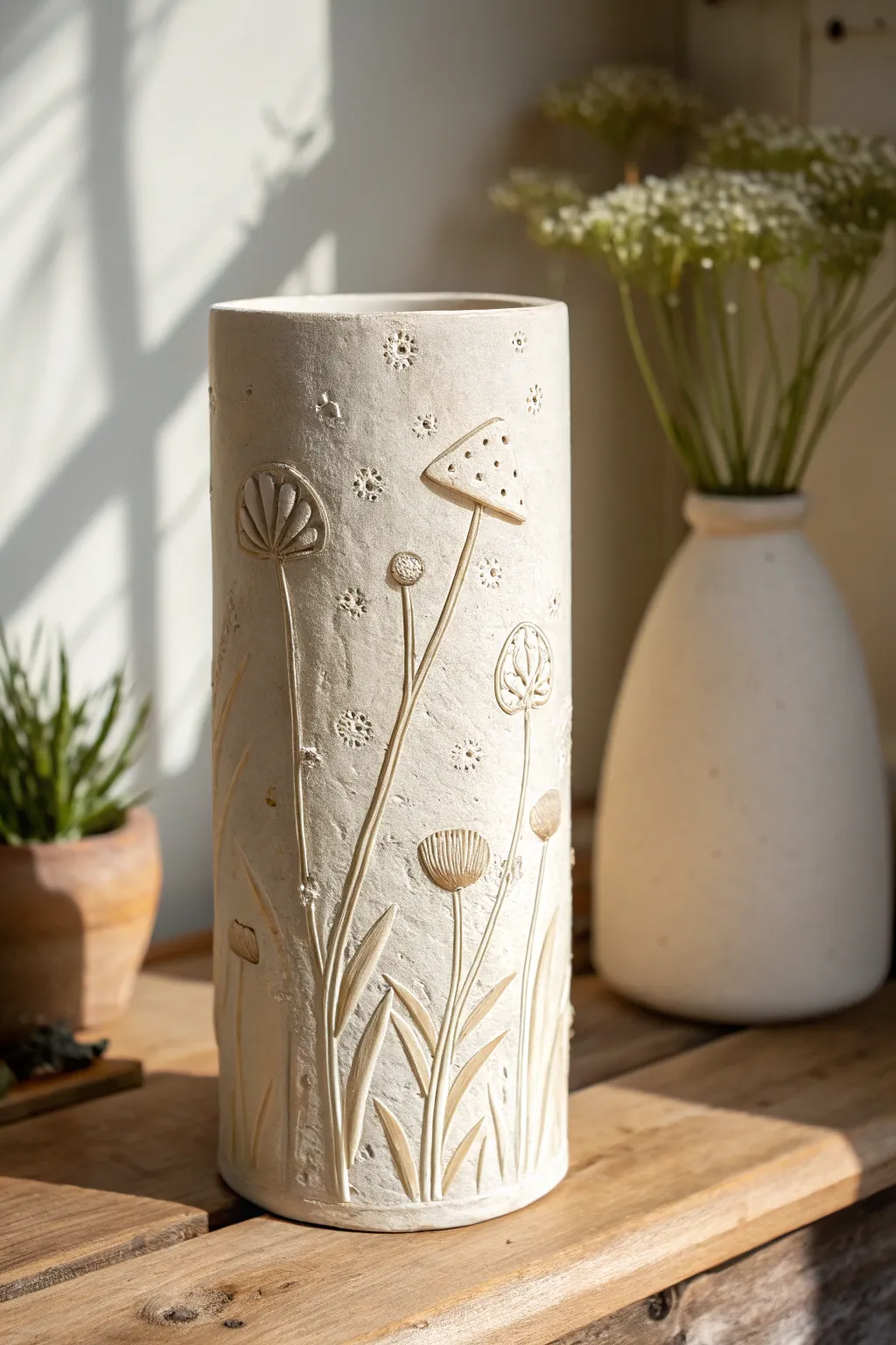 Minimal slab cylinder vase with soft raised relief mushrooms and flowers in calm matte glaze.