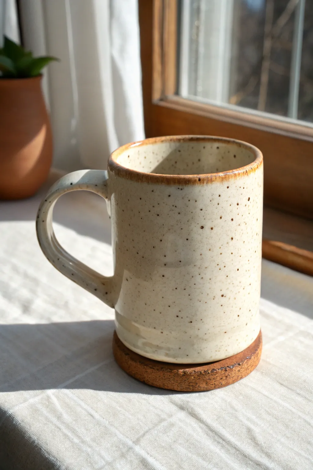 Minimal footed slab mug with a gentle lift, handcrafted texture, soft Nordic boho mood.