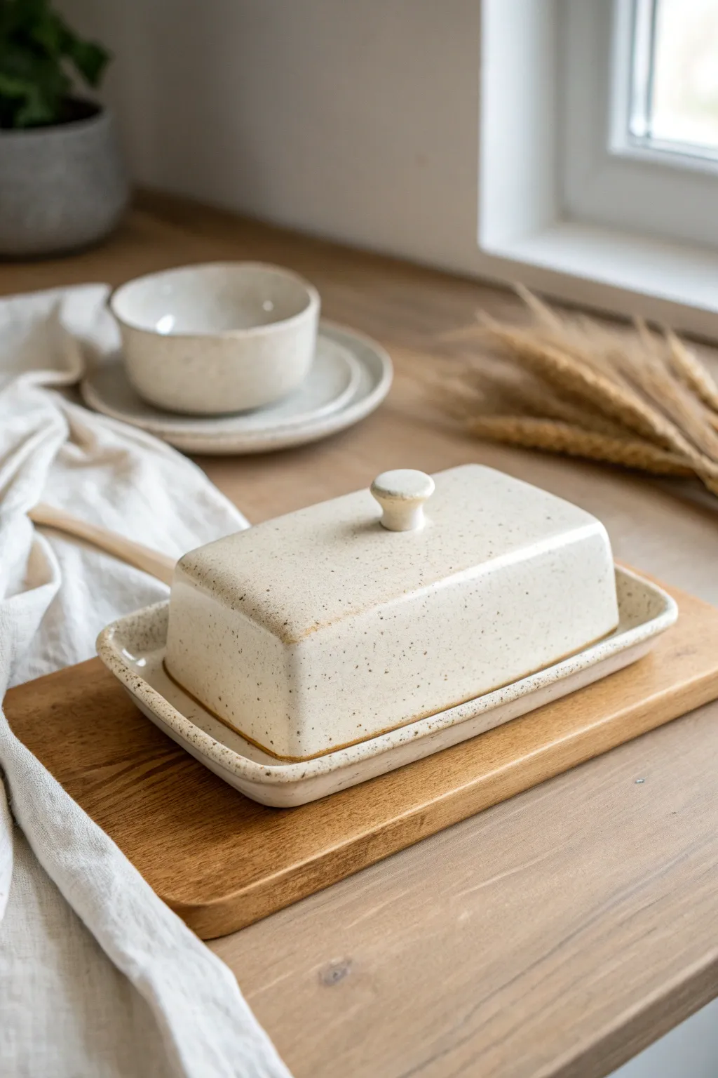 Minimal slab-built butter dish with tiny architectural lines, styled on linen in soft light