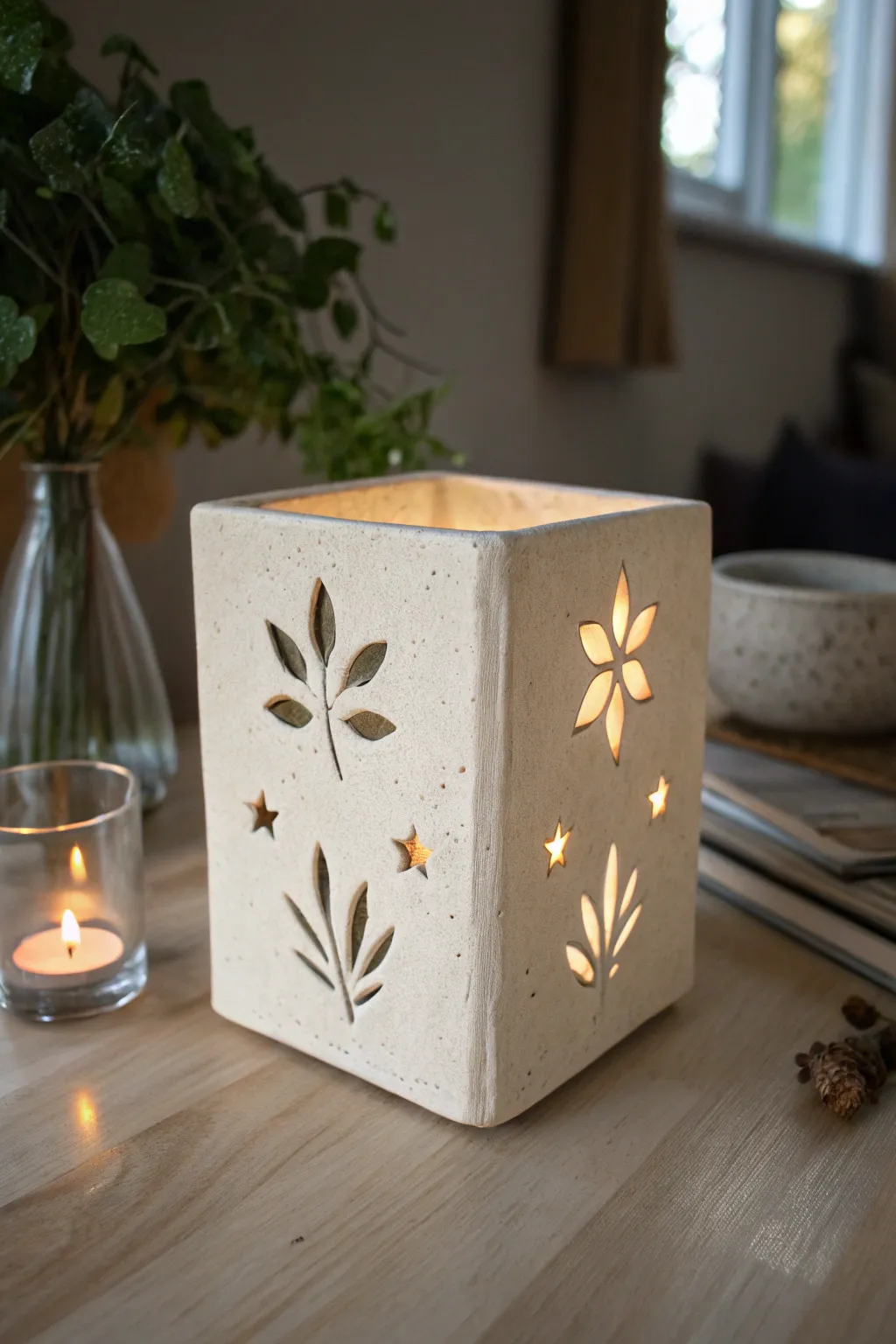 Minimal slab lantern with simple cutouts, glowing softly to cast cozy patterns at night