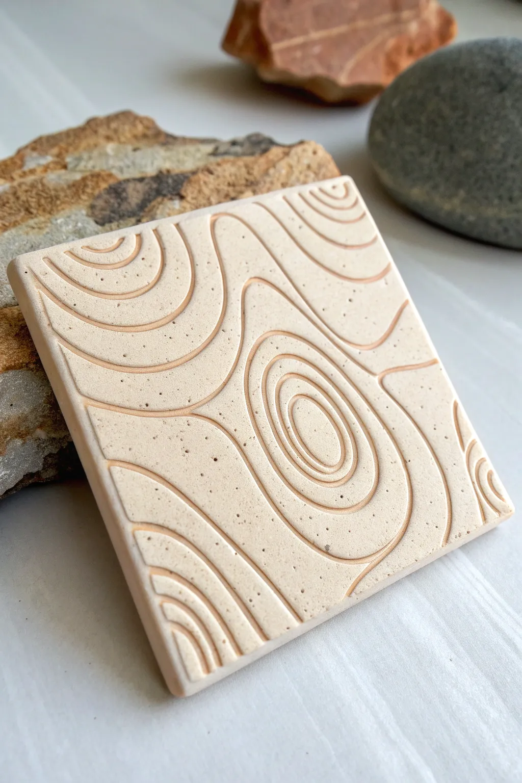 Topographic contour slab relief tile with layered lines and carved channels in calm earthy tones