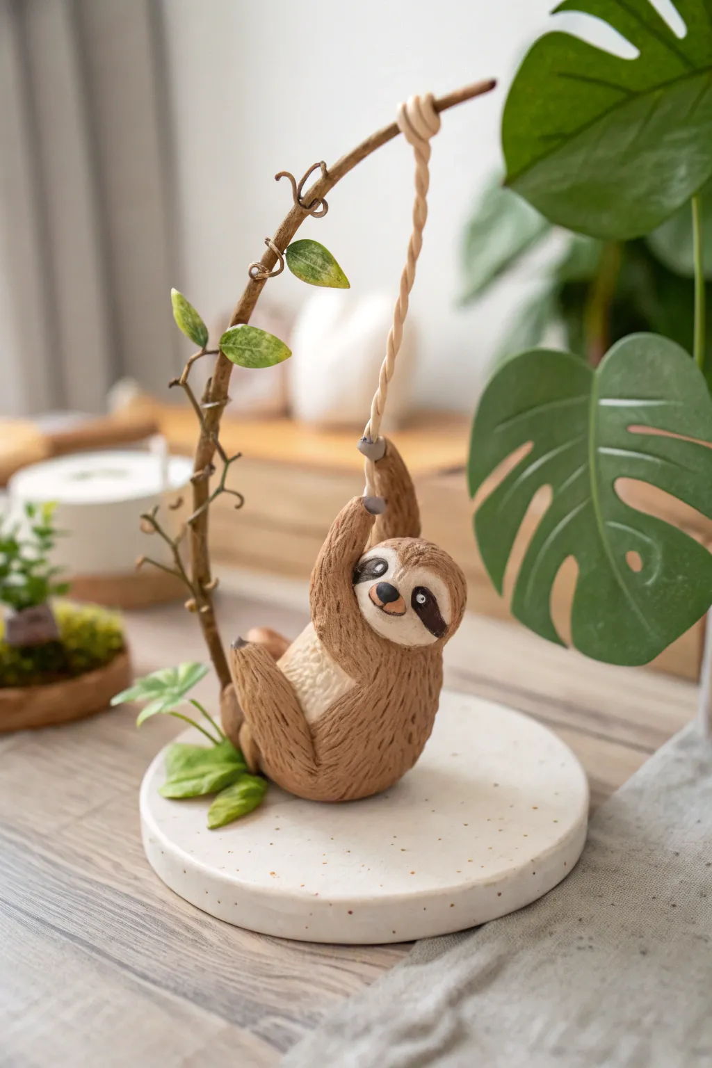 Mini sloth clay diorama with simple vine and leaves, minimalist jungle charm for your shelf