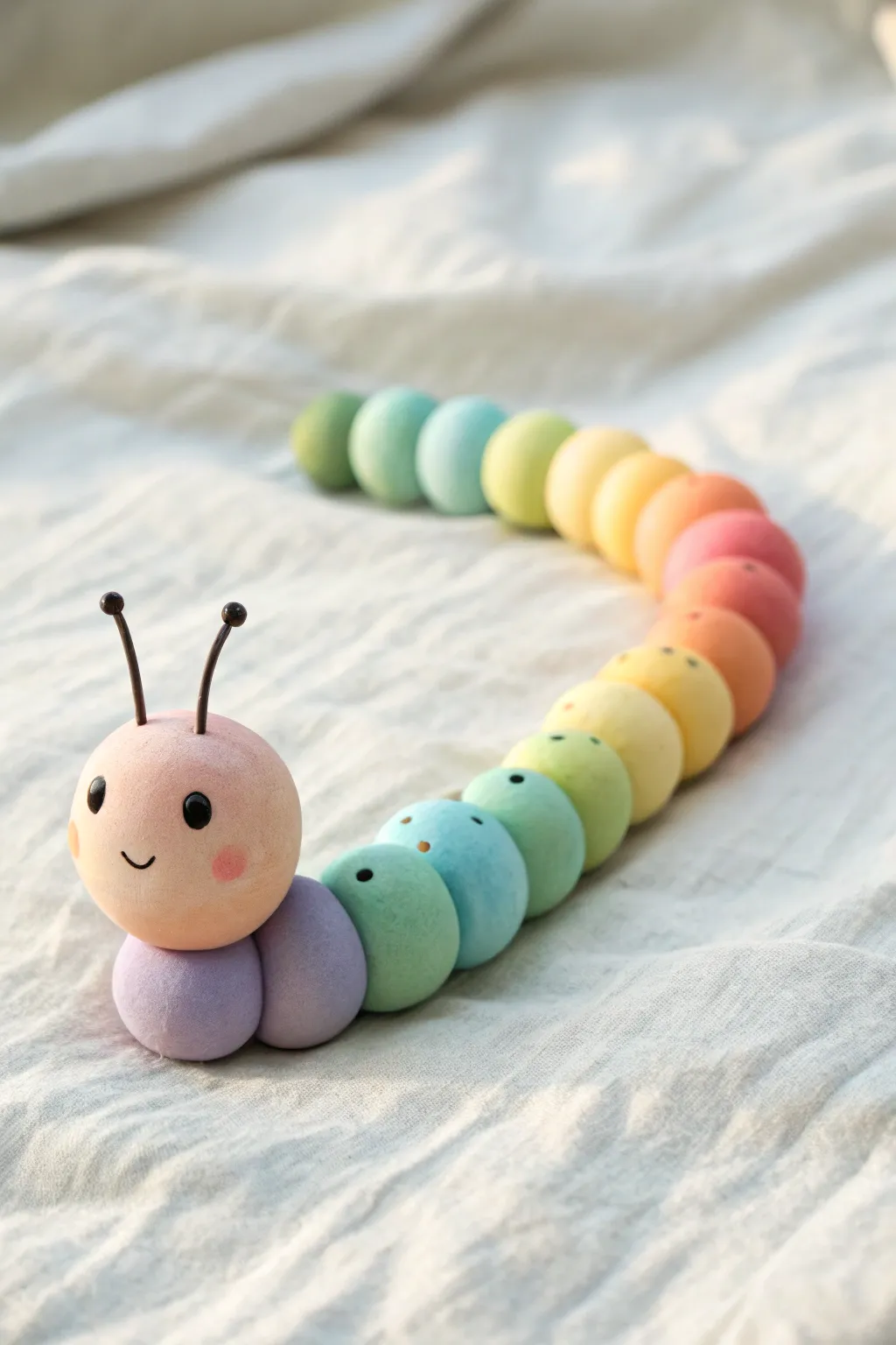 Sweet segmented clay caterpillar in soft rainbow ombré, minimalist and handmade on bright white.
