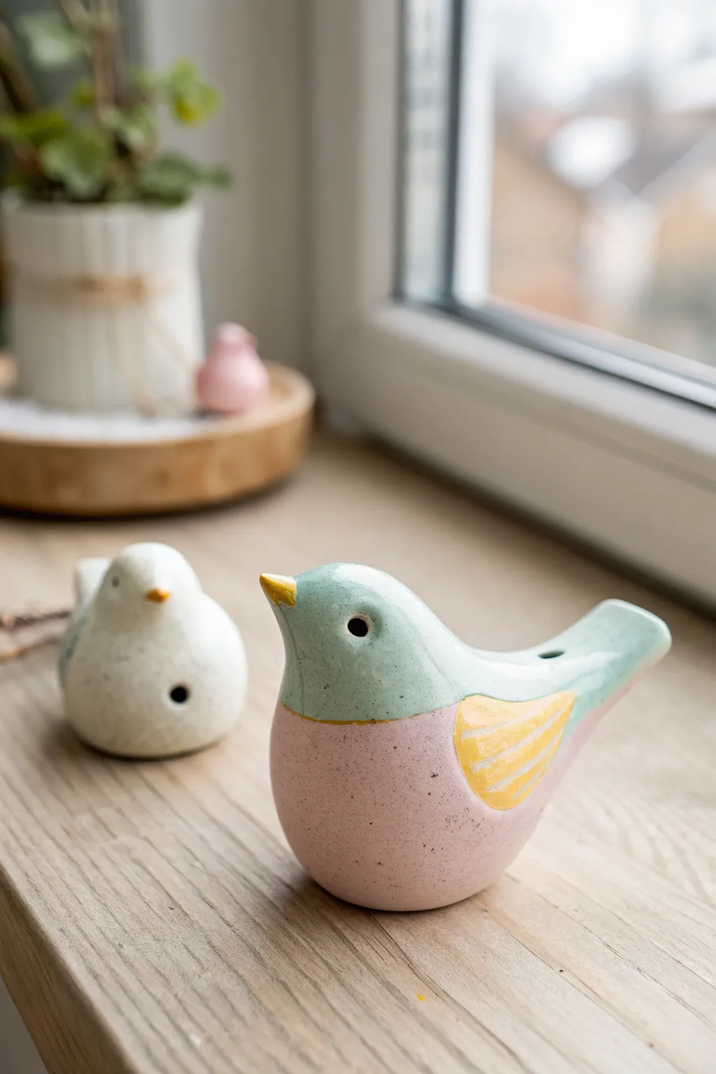 Pocket-size pinch pot whistle in soft pastel glaze, a tiny clay craft idea anyone can try