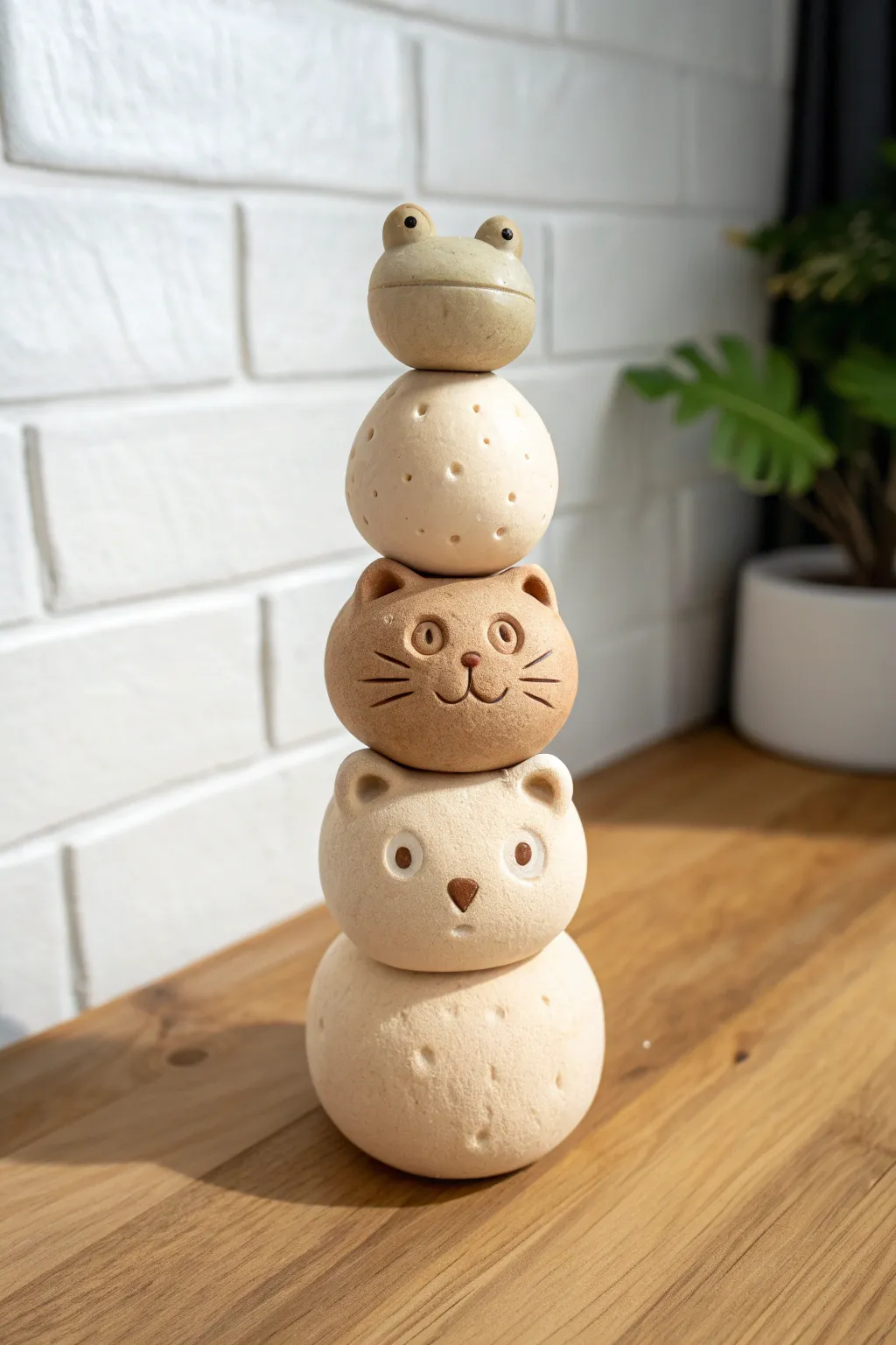 Tiny totem animals: stackable frog, cat, and bear in soothing minimalist clay tones.