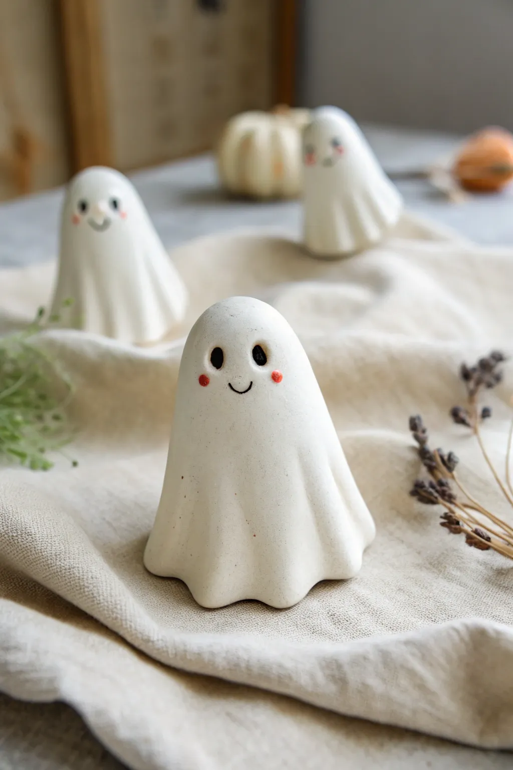 Mini clay ghost figurines in soft neutrals, cozy minimalist styling with a subtle boho touch.