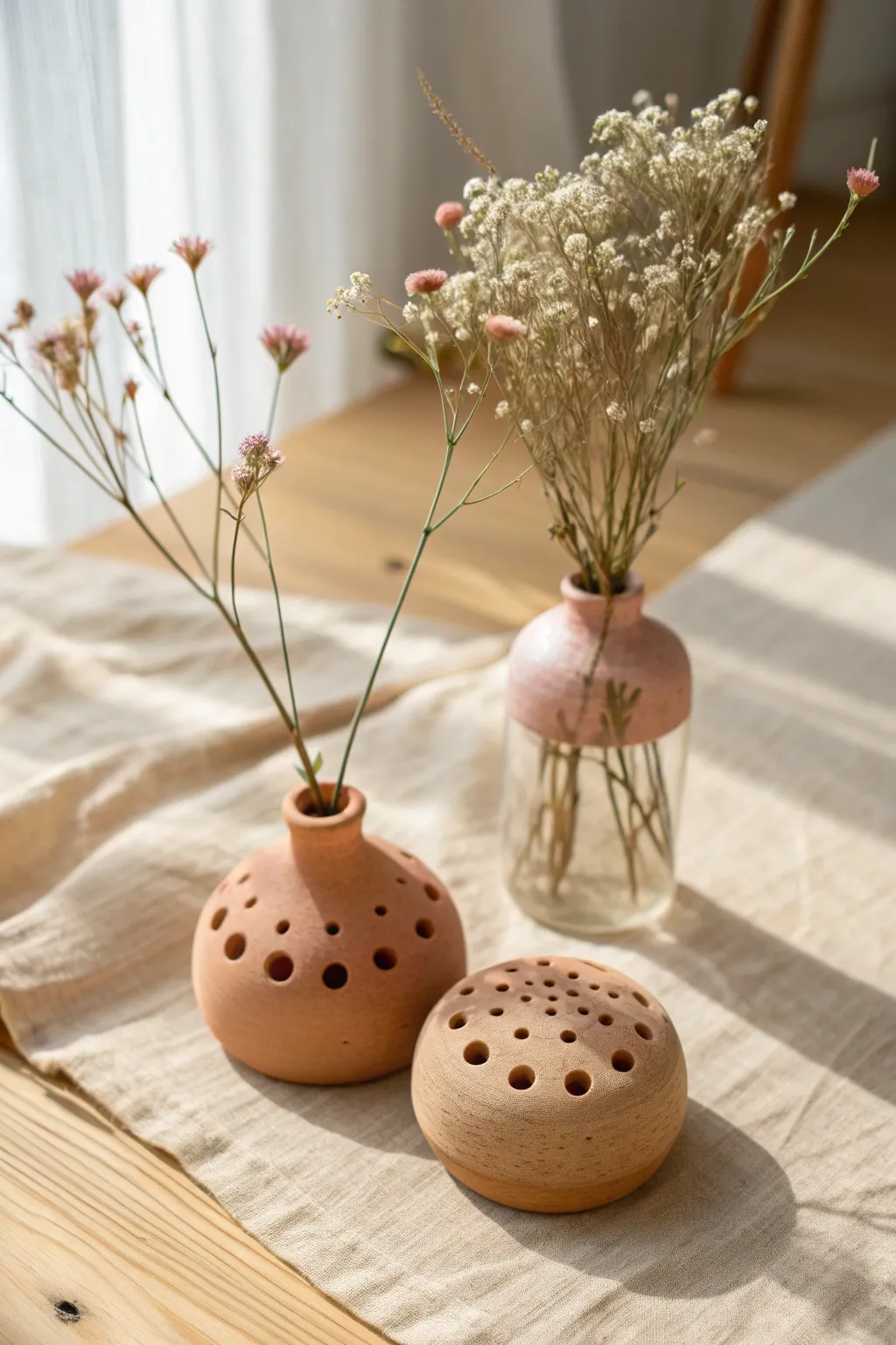 Tiny clay flower frogs on petite vases for simple, sweet stems in a calm minimal home vibe