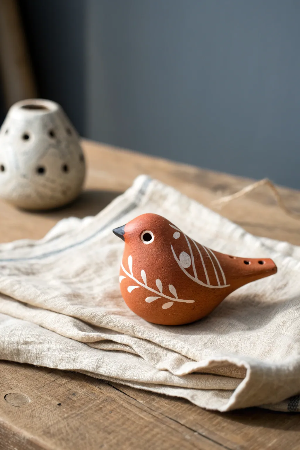 Palm-sized clay bird whistle with minimal paint, Scandinavian calm with a soft boho touch.