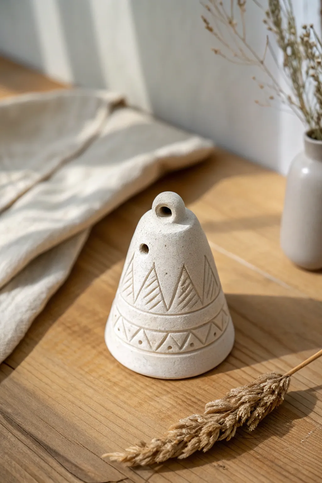 Minimal clay whistle with carved pattern in warm light, Scandinavian boho tabletop styling.