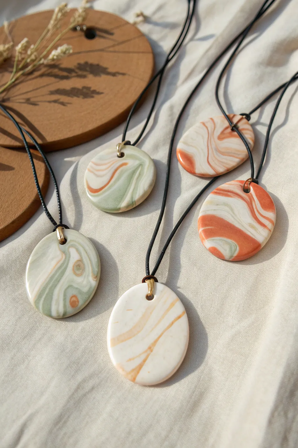 Minimal marbled soft clay pendants in earthy tones, styled on linen with calm Scandinavian warmth.