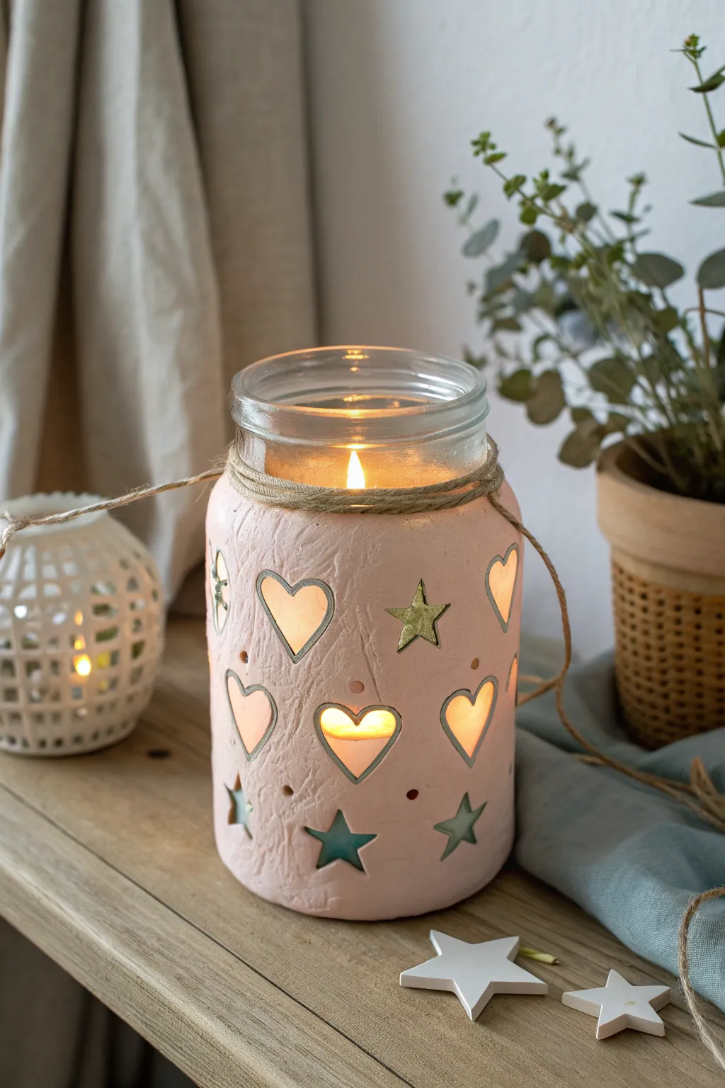 Cozy cutout clay sleeve lantern jar with soft glow, kid friendly and perfect for autumn nights.