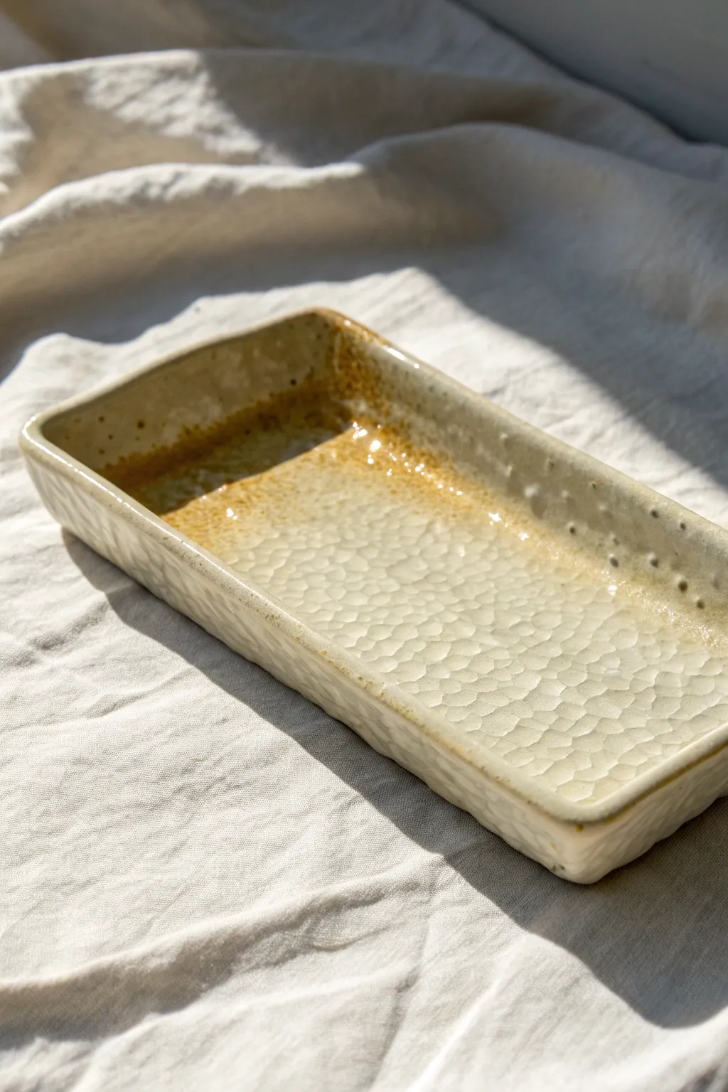 Soft slab tray with thumb dimples and glossy glaze pools, lit at an angle for crisp contrast.