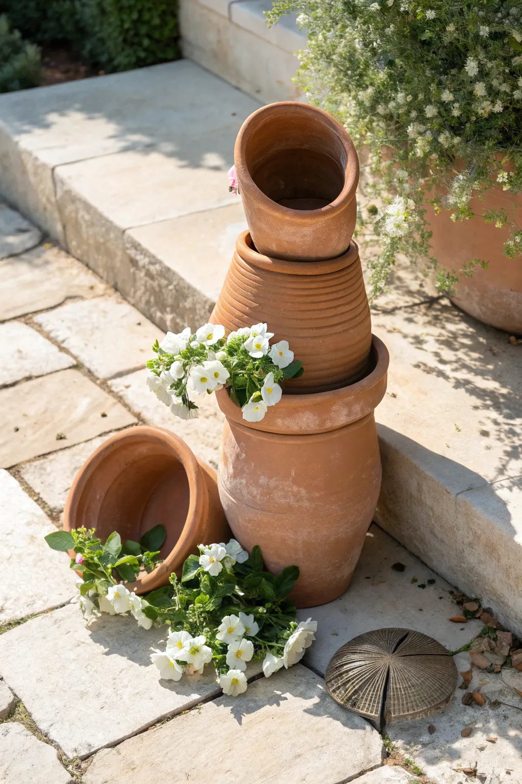 Cascading broken pots spill soft blooms like a floral waterfall, simple and charming for any garden.