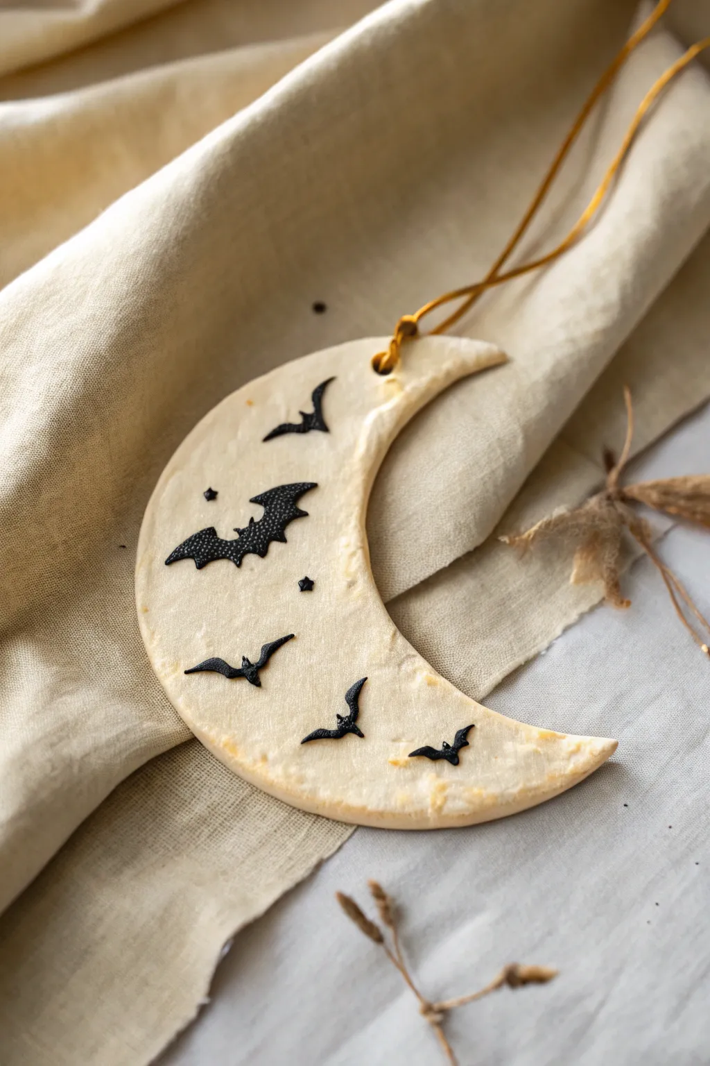 Spooky chic crescent moon dish with tiny bats, in matte black and pale gold accents.