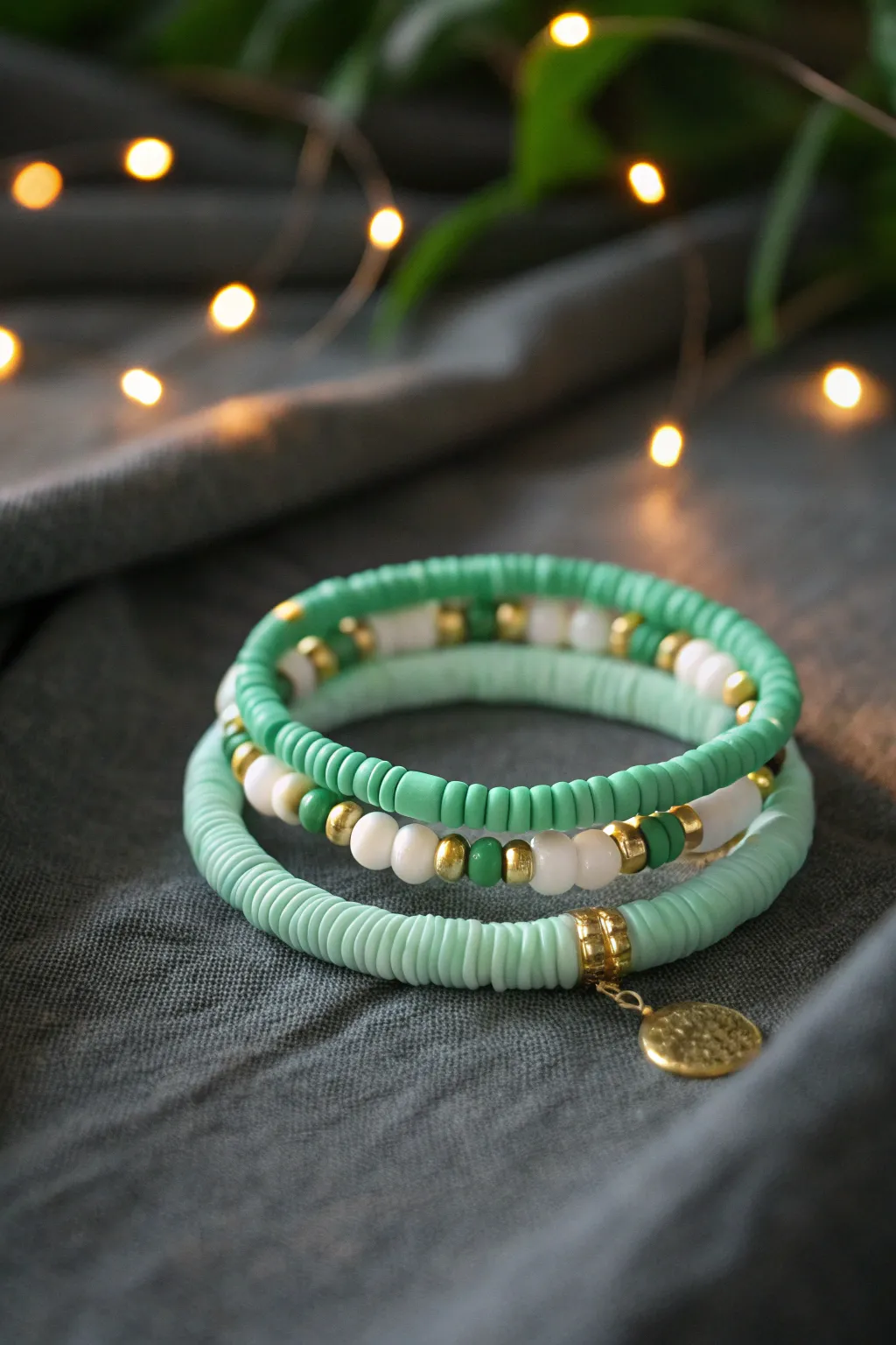 Glow-green clay heishi bracelet stack with white and gold accents for a chic St Patricks vibe