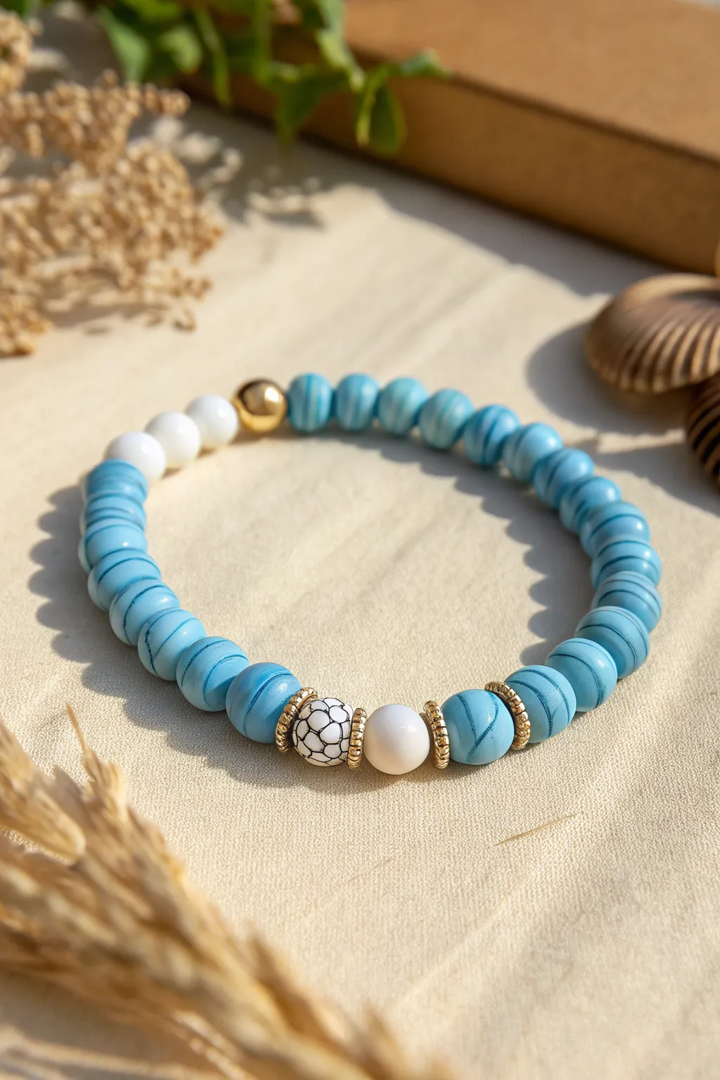 Solid blue heishi bracelet with a marbled blue-white center for an easy statement look
