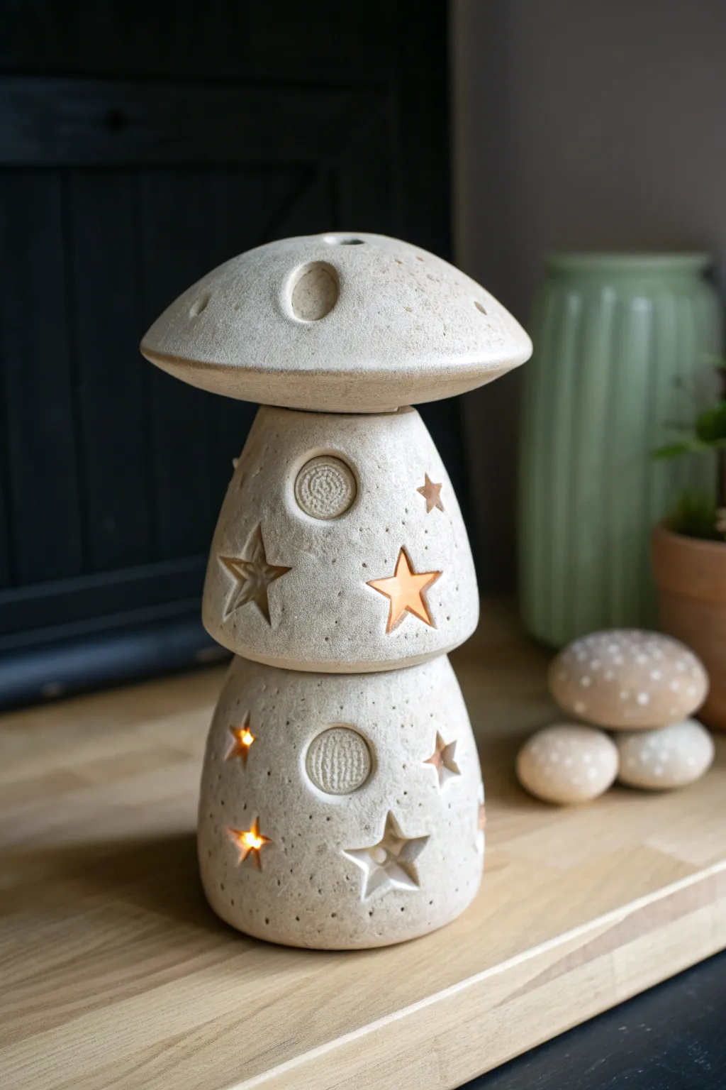 Glow-style clay totem with iridescent accents, a cozy minimalist late-night nightstand piece