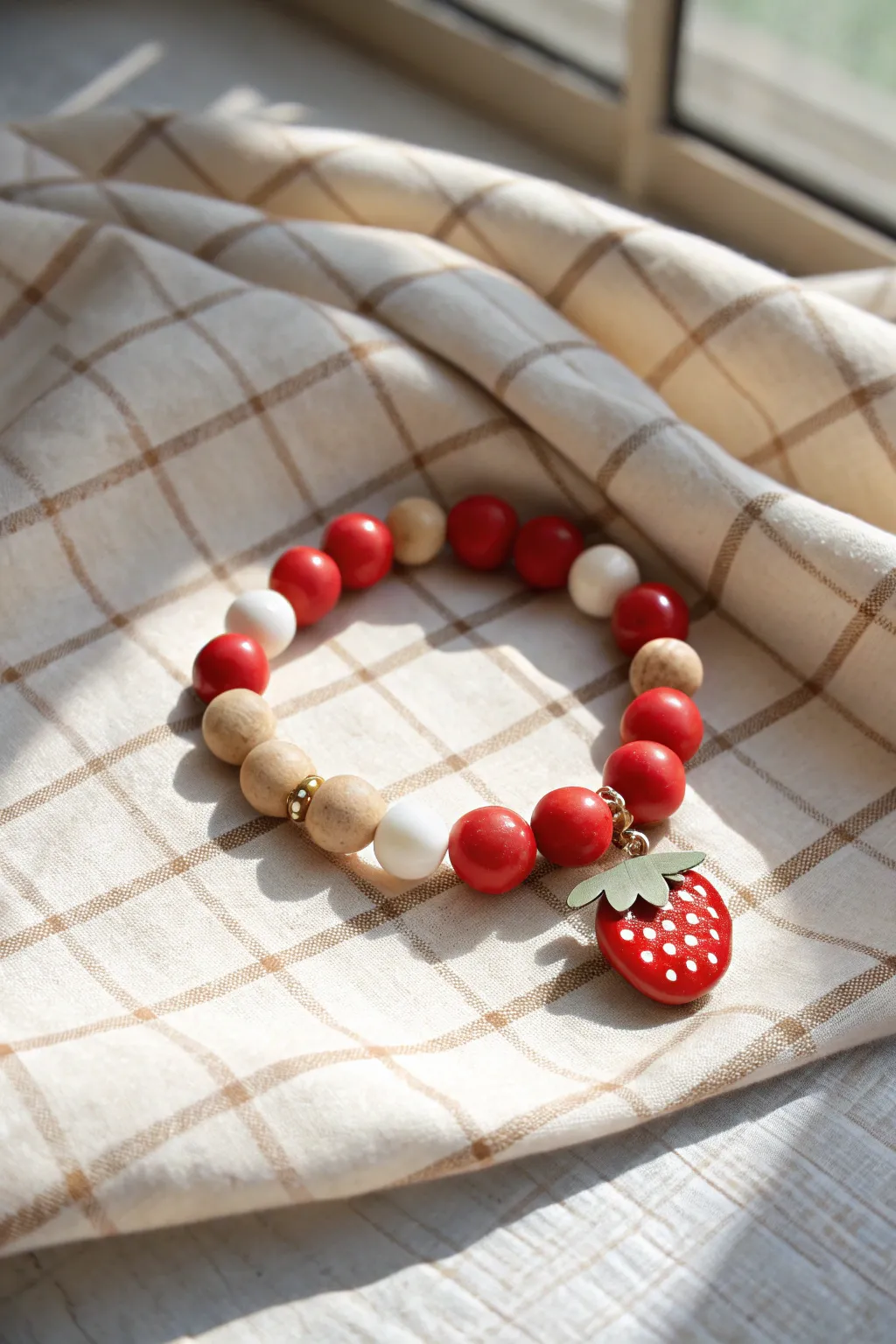 Strawberry picnic gingham bracelet in red, white, and tan clay beads with a sweet charm.