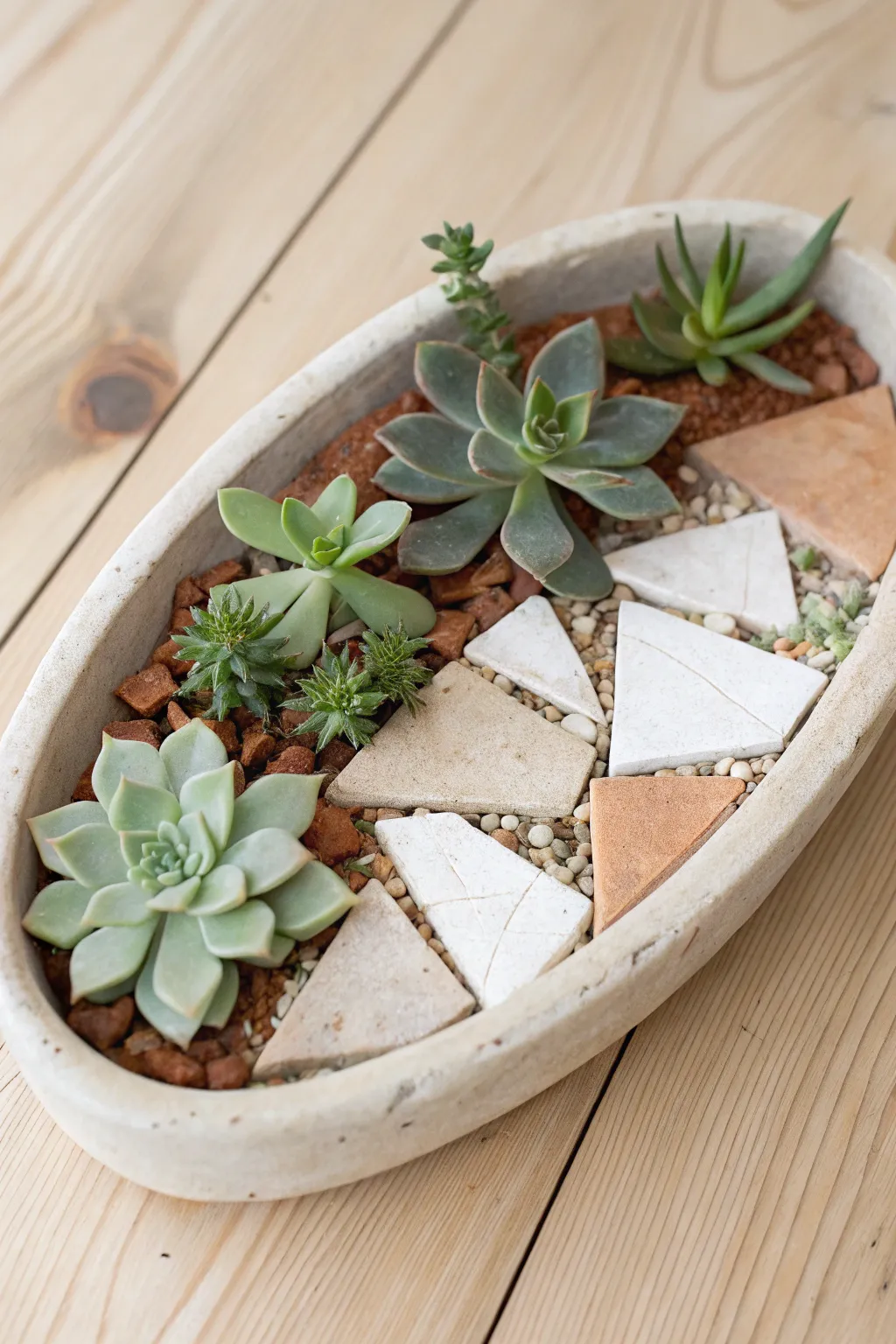 Minimal broken-shard mosaic tray with succulents, warm neutrals and soft Scandinavian calm