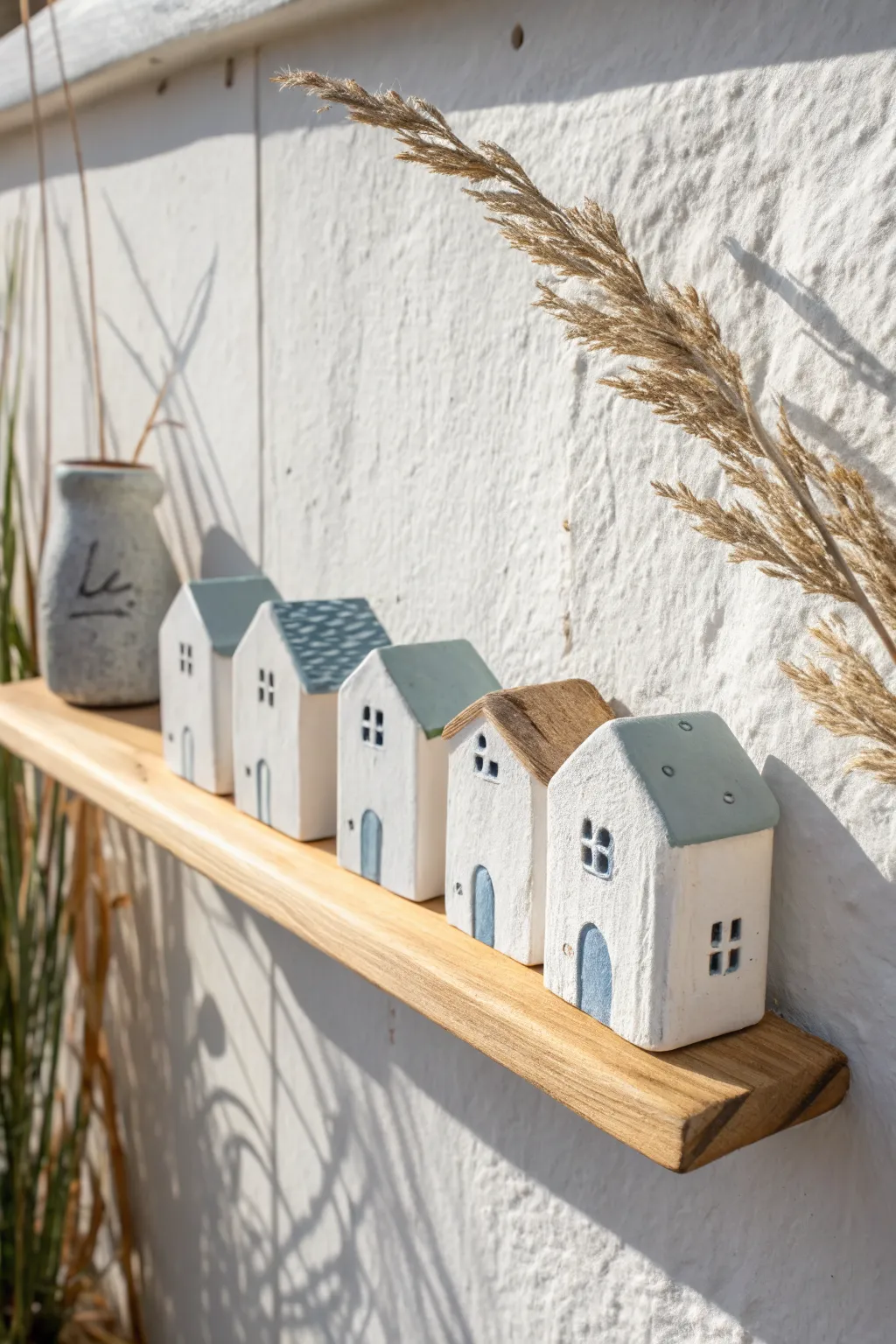 Mini coastal house shelf village in airy white and soft blue, perfect summer air dry clay decor