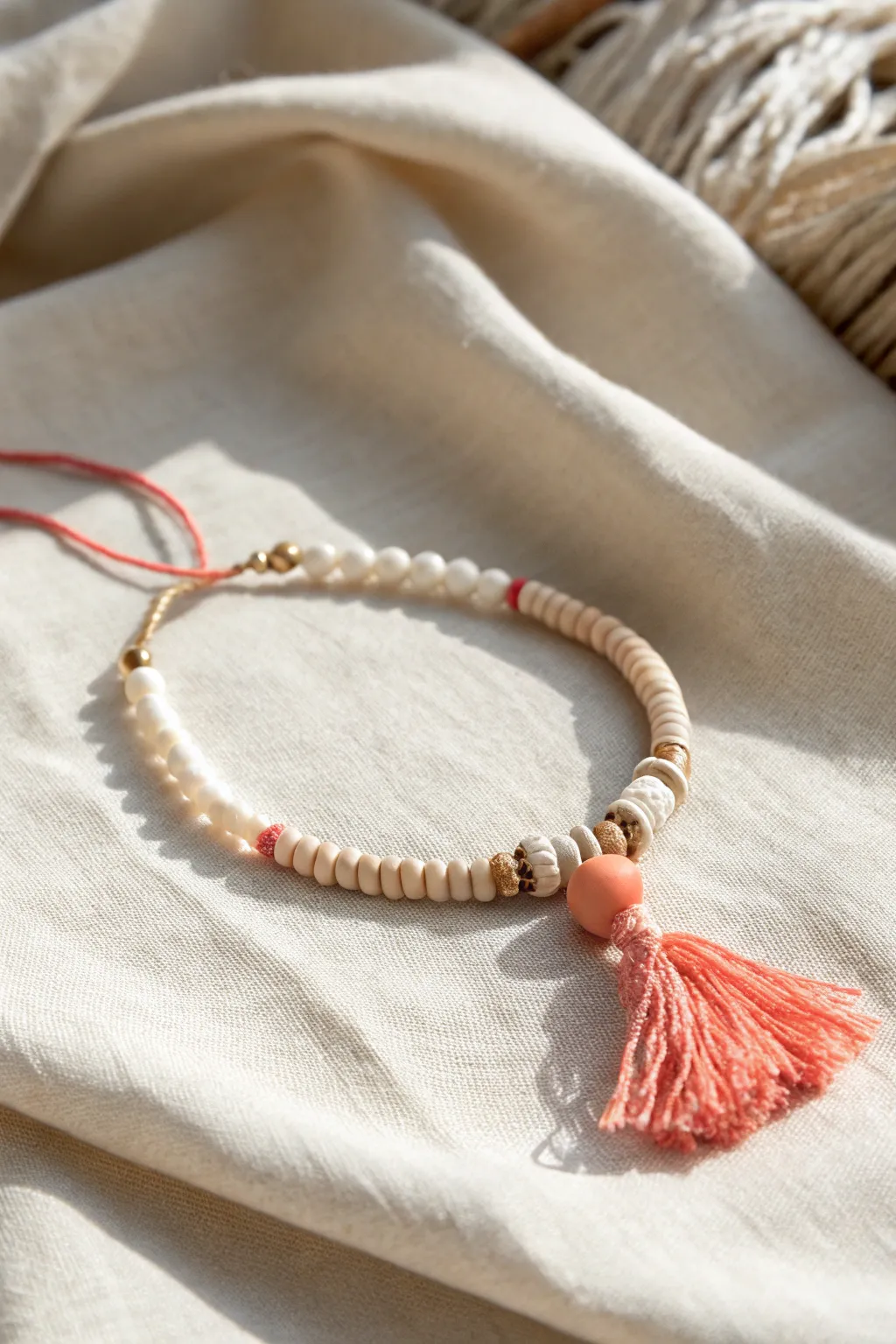 Minimal clay bead tie bracelet with heishi center and a bright tassel on soft linen.