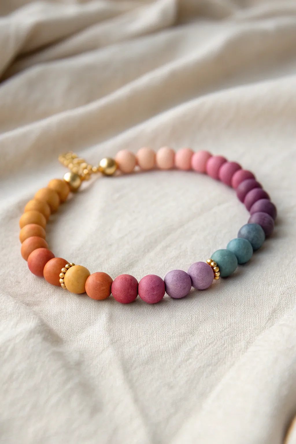 Sunset rainbow clay bead bracelet with a tiny muted teal pop for modern contrast