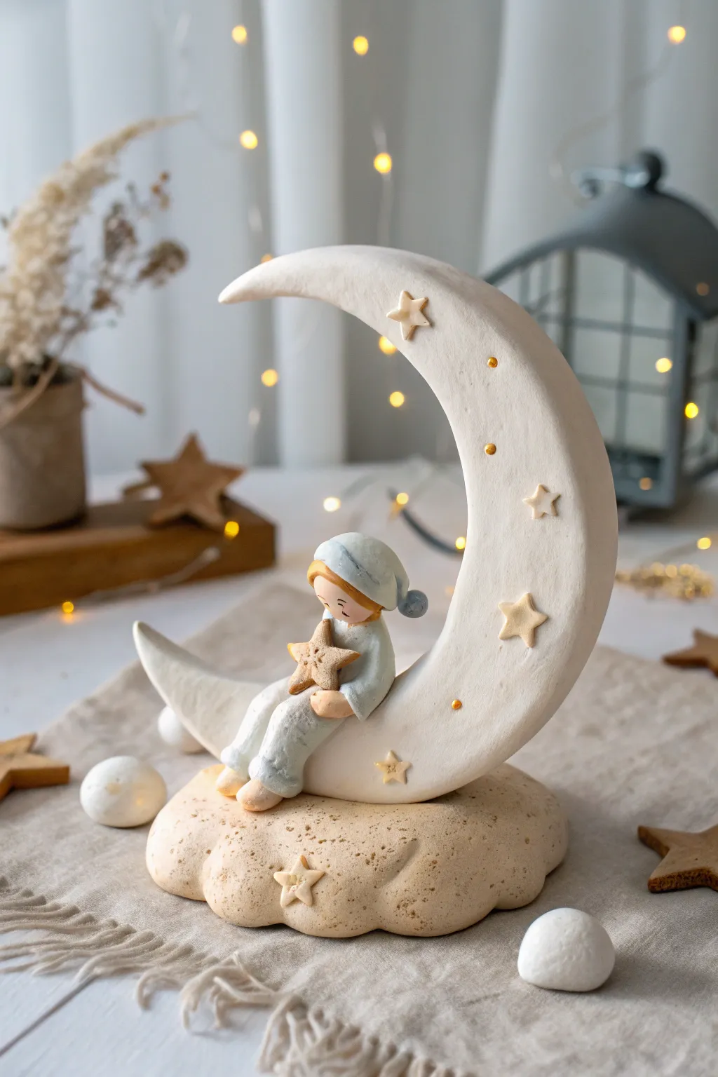 Dreamy moon and star super clay figurine with soft clouds, minimalist boho and cozy contrast