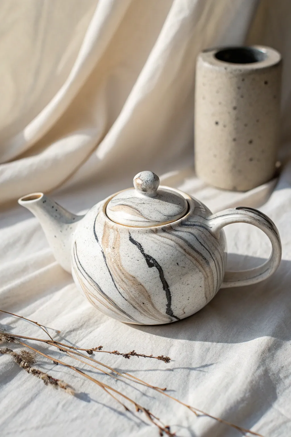 Soft faux marble teapot with hand-swirled gray veining for minimalist, boho kitchen charm.
