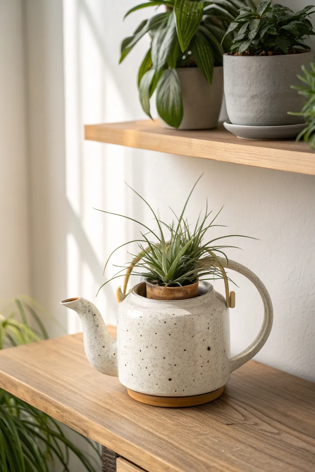 Air plants transform a simple teapot into a chic spout-forward planter with soft Nordic calm.