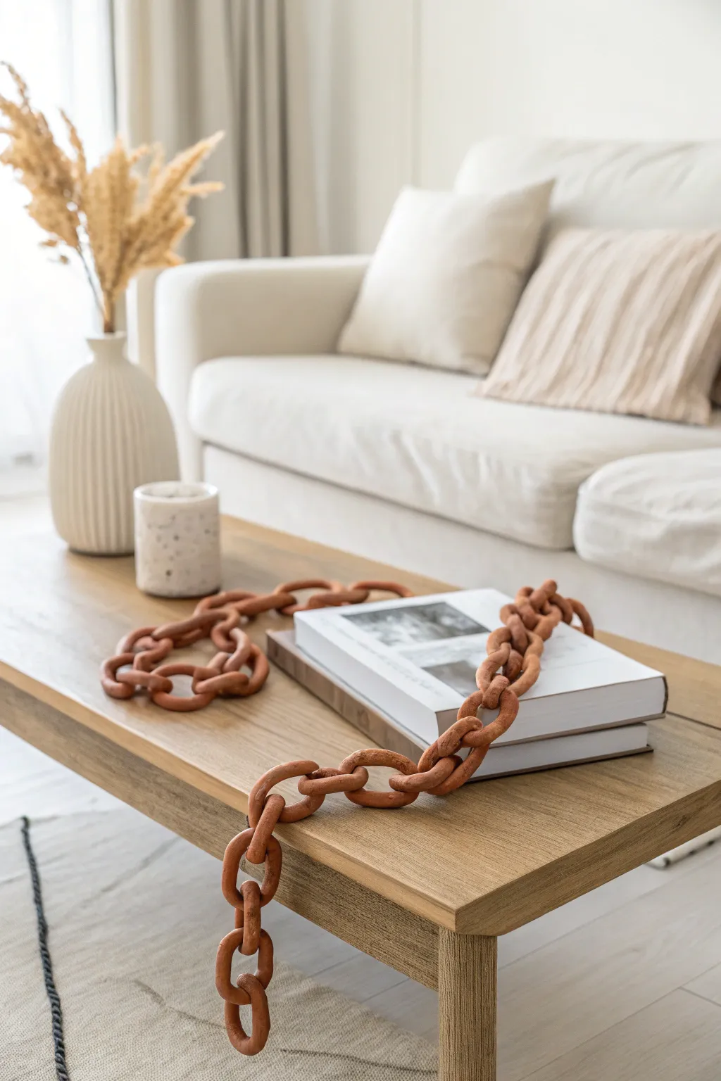 Oversized terracotta chain links add warm, sculptural charm to a calm minimalist space.