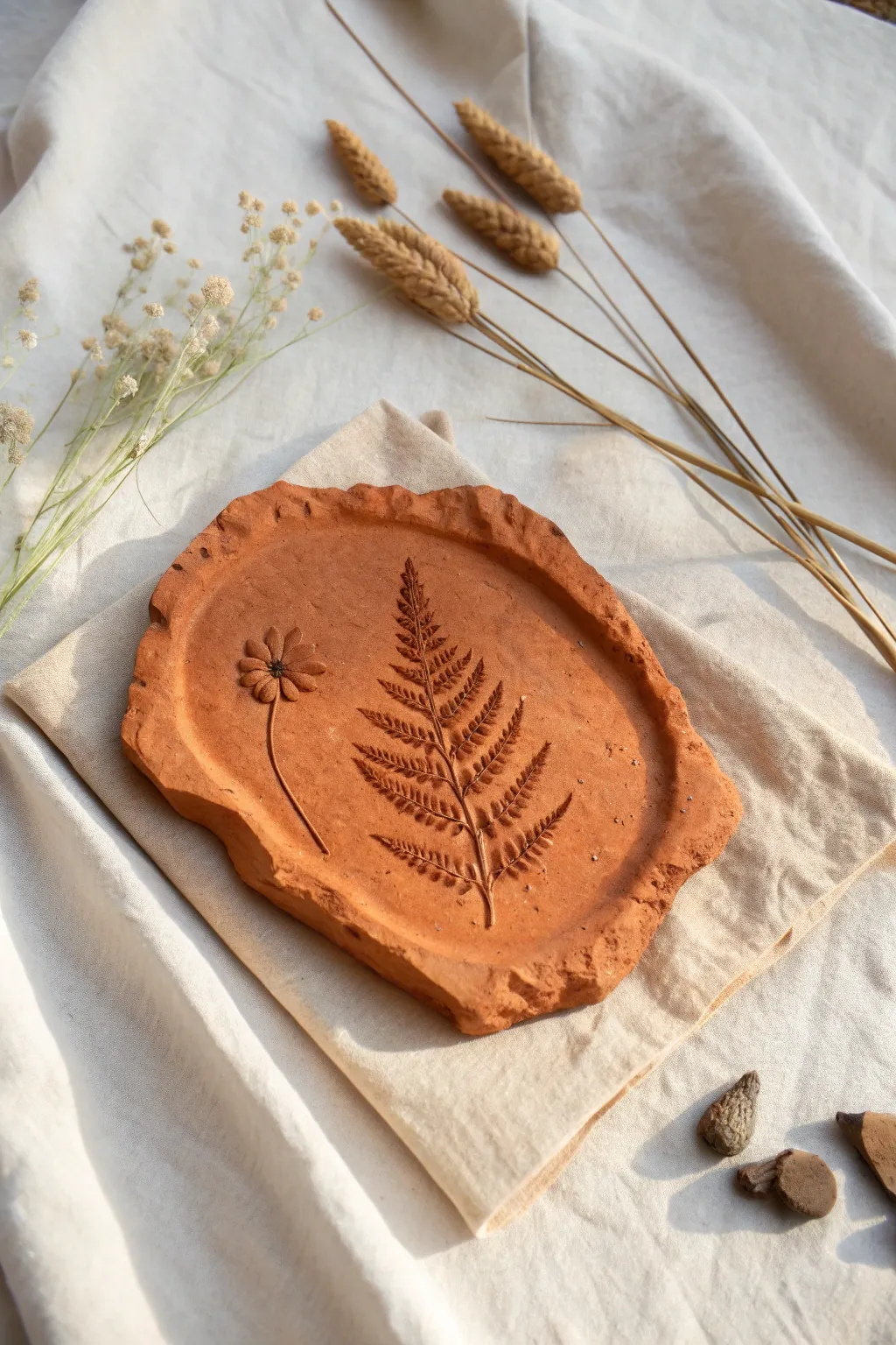 Terracotta botanical plaque with fossil-like leaf imprint, styled simply on soft linen.