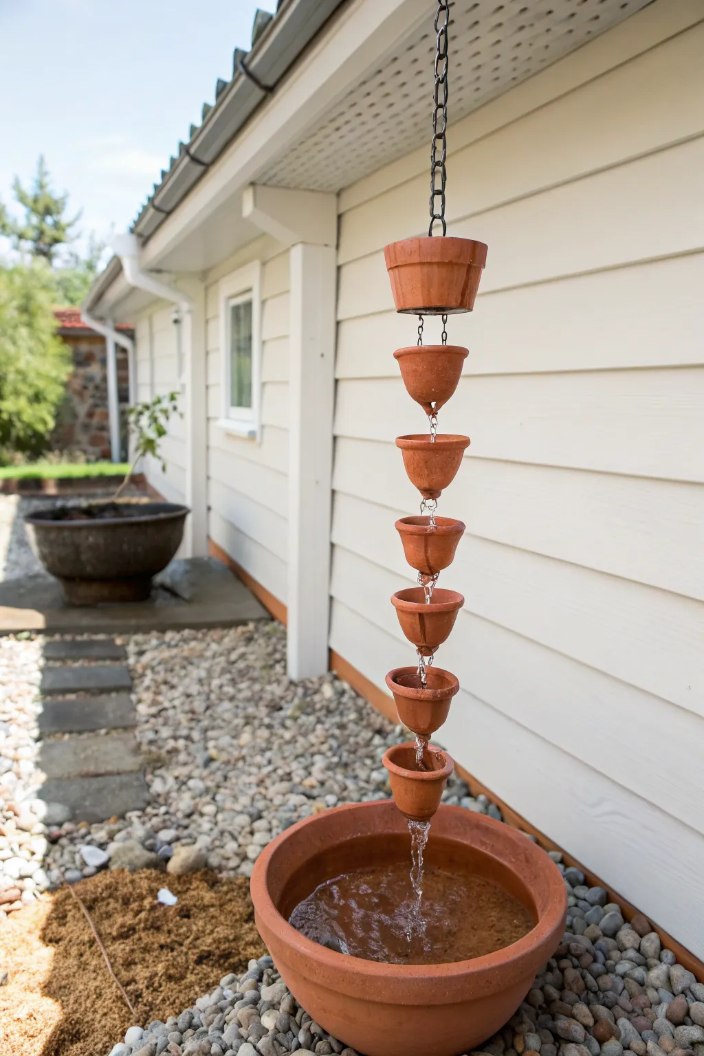 Simple terracotta pot rain chain that turns showers into a calm, earthy garden accent